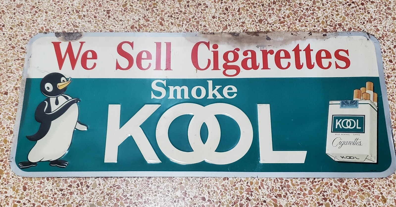 VINTAGE 1960’s KOOL LOGO METAL ADVERTISING SIGN Cigarettes EMBOSSED PENGUIN