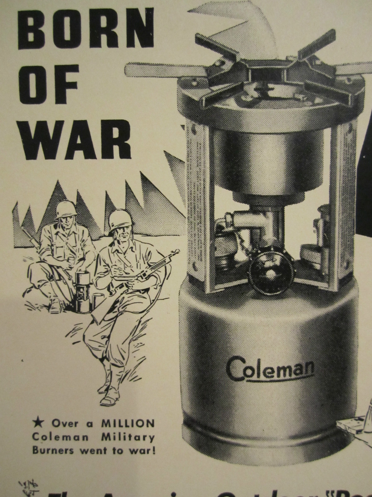 VINTAGE 1940’s WWII COLEMAN OUTDOOR POCKET STOVE “BORN OF WAR” SIGN AD