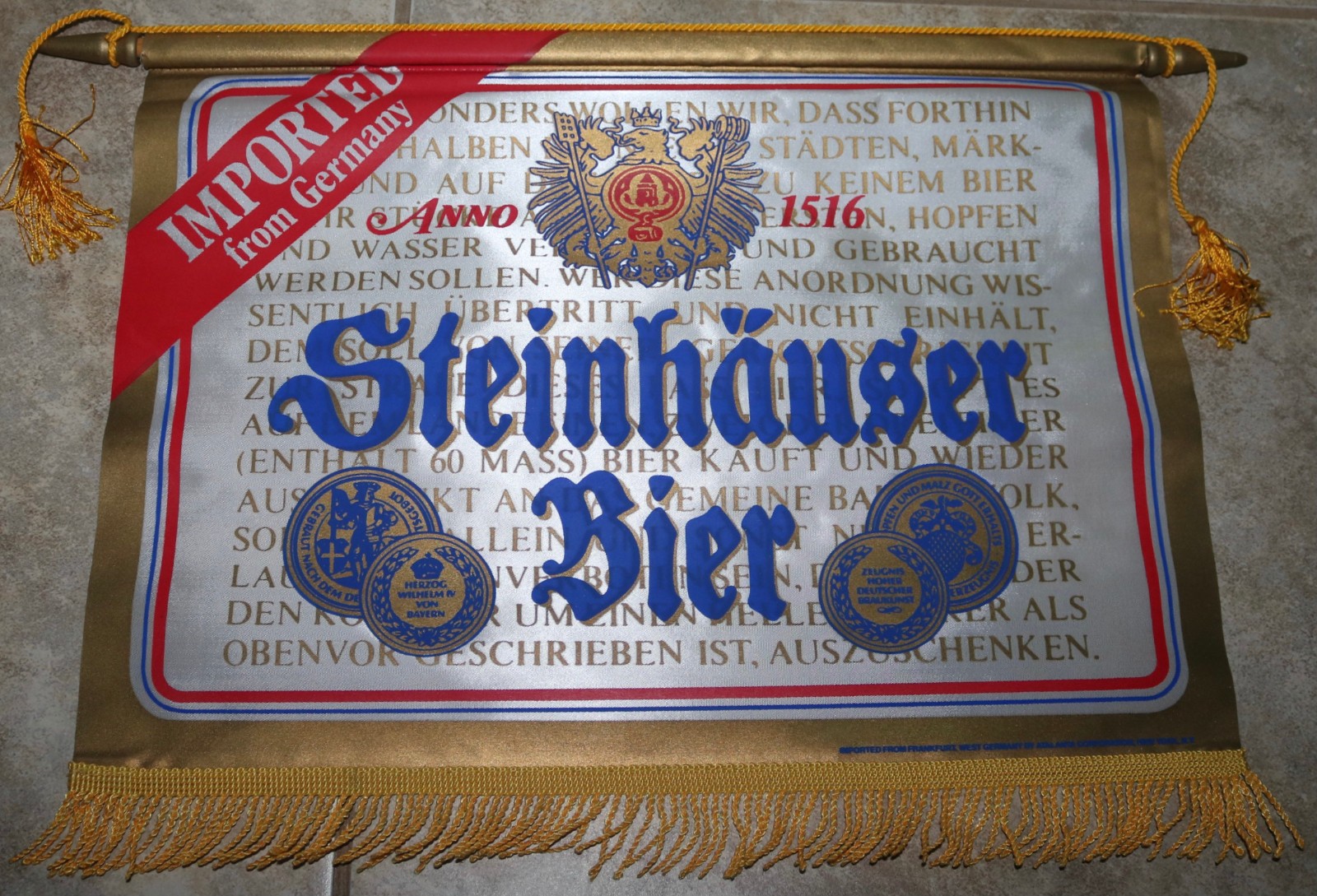 VINTAGE RARE 1970’S-80’S STEINHAUSER BEER BIER SATIN STORE BANNER
