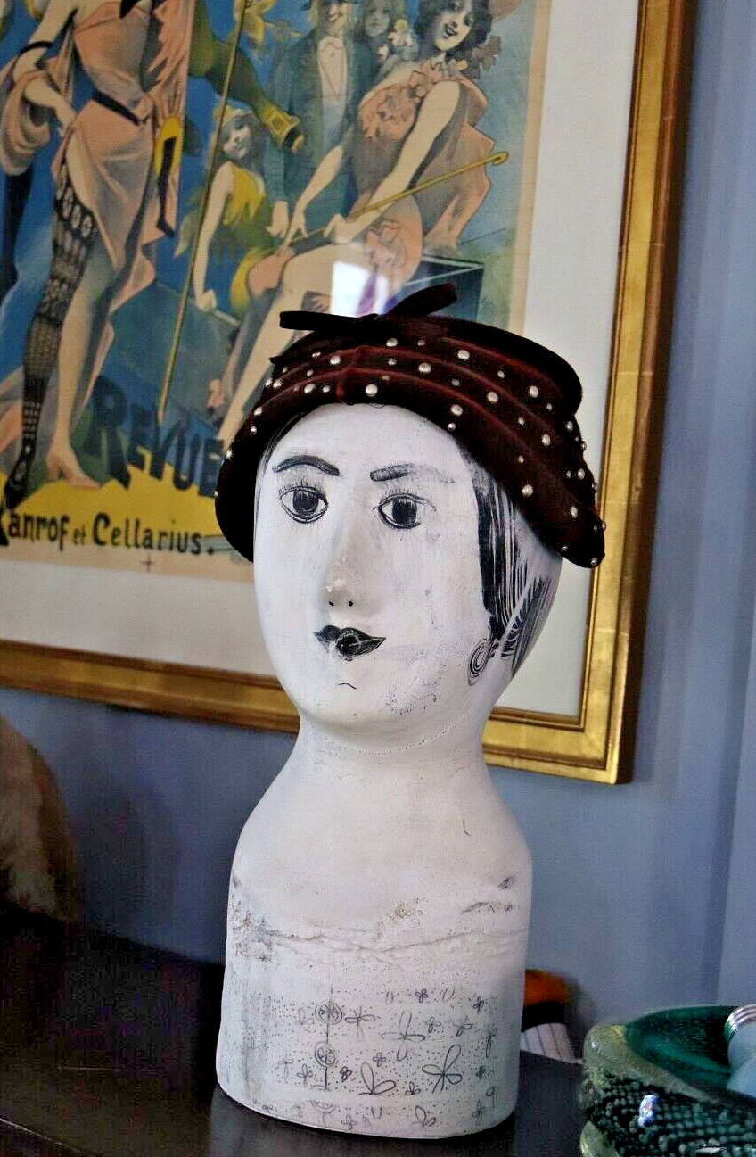 ANTIQUE HAND PAINTED MILLINERY HEAD Plaster Store Display Primitive Hat Mannequi