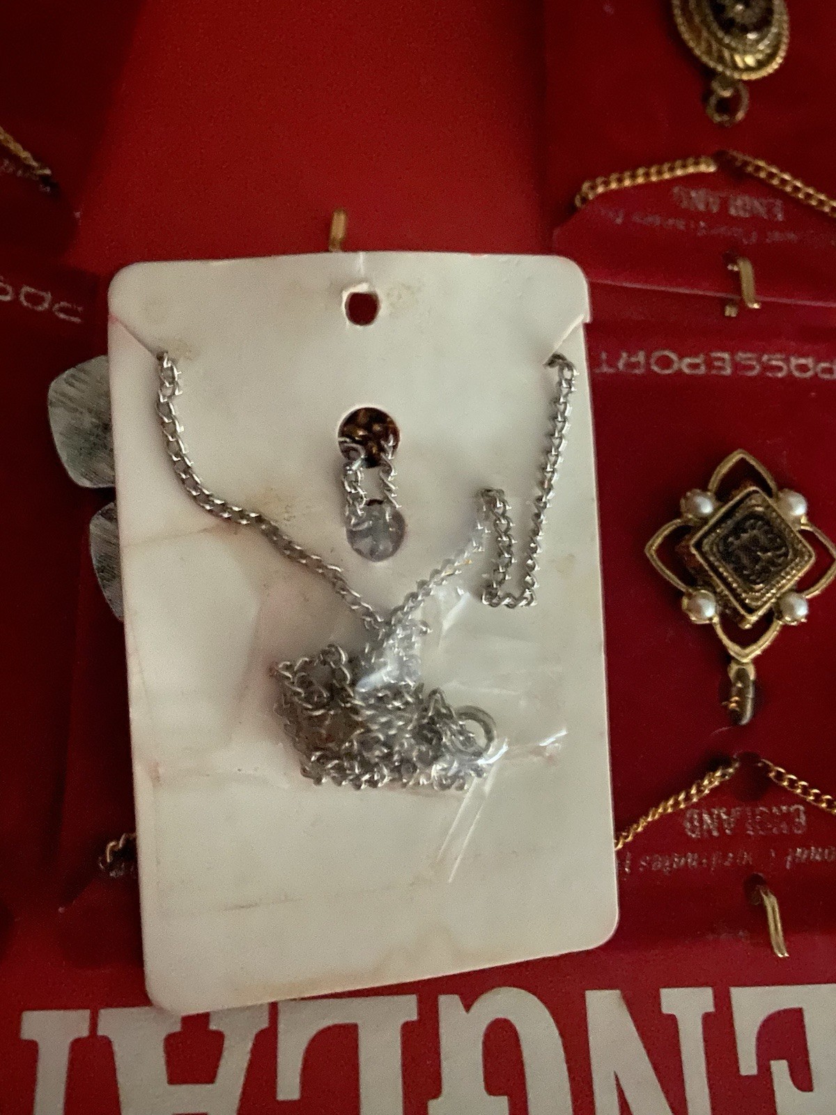 2- Vintage Dime Store Passport England 12 Necklace Full Display Costume Jewelry