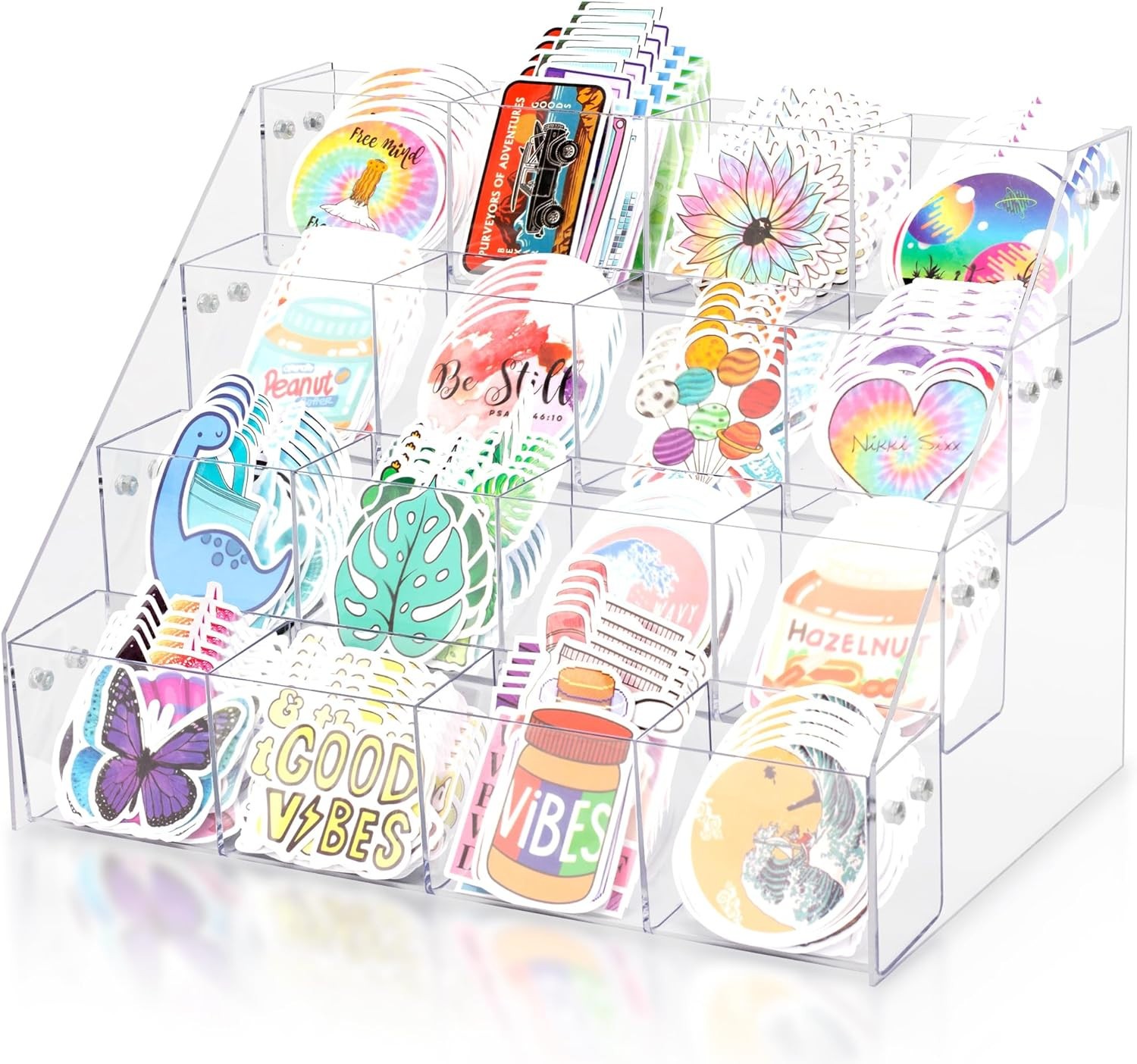 PACMAXI 4-Tier Acrylic Display Stand for Stickers and Cards, Portable Organizer