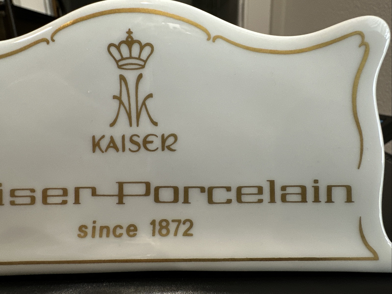 Vintage Dealer Plaque Kaiser Porcelain Since 1872 Gold On White Store Sign 5X2.5