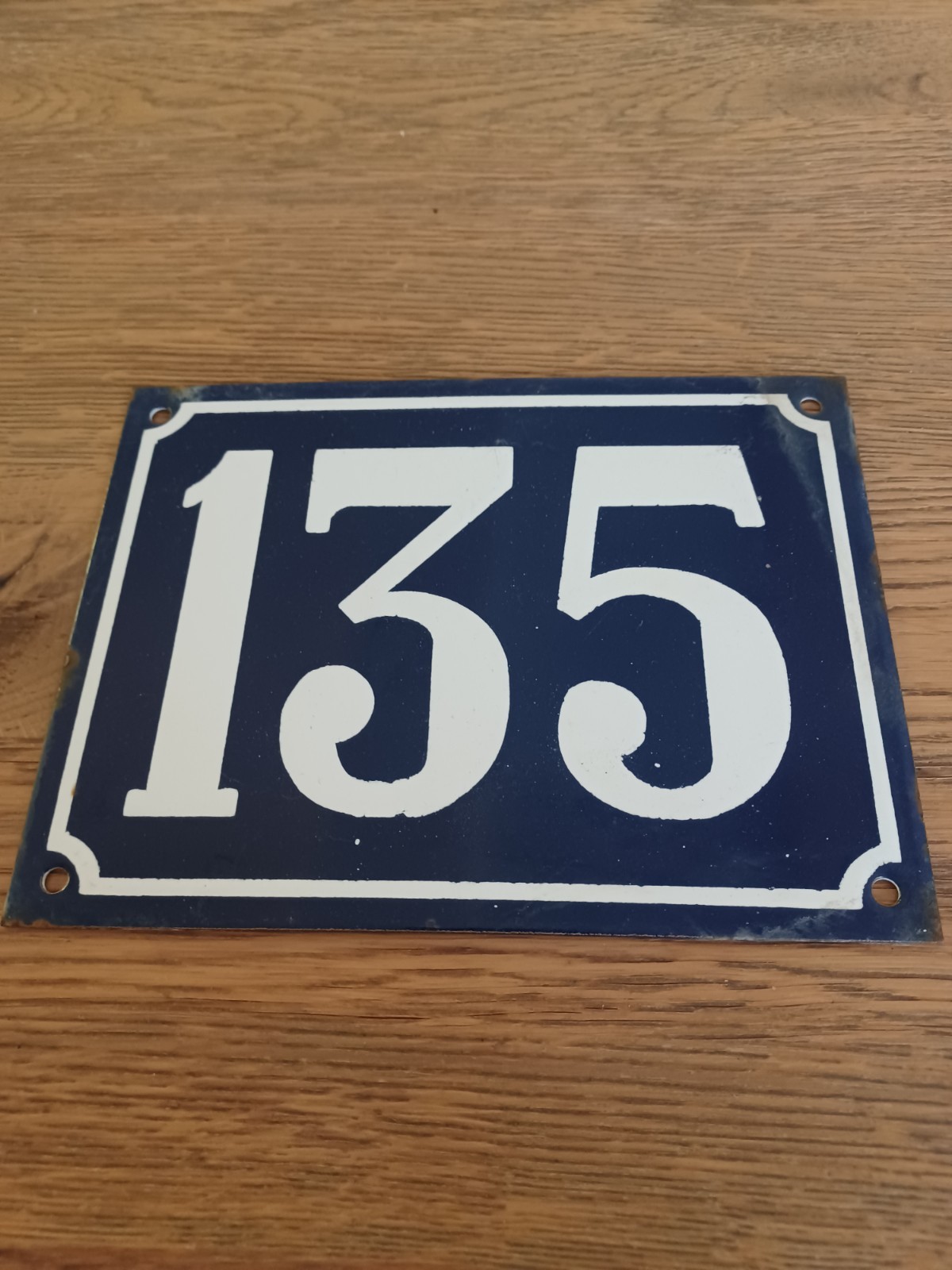 Large Antique Enameled Plaque Street Number 135 20X15cm Navy Blue Enamel