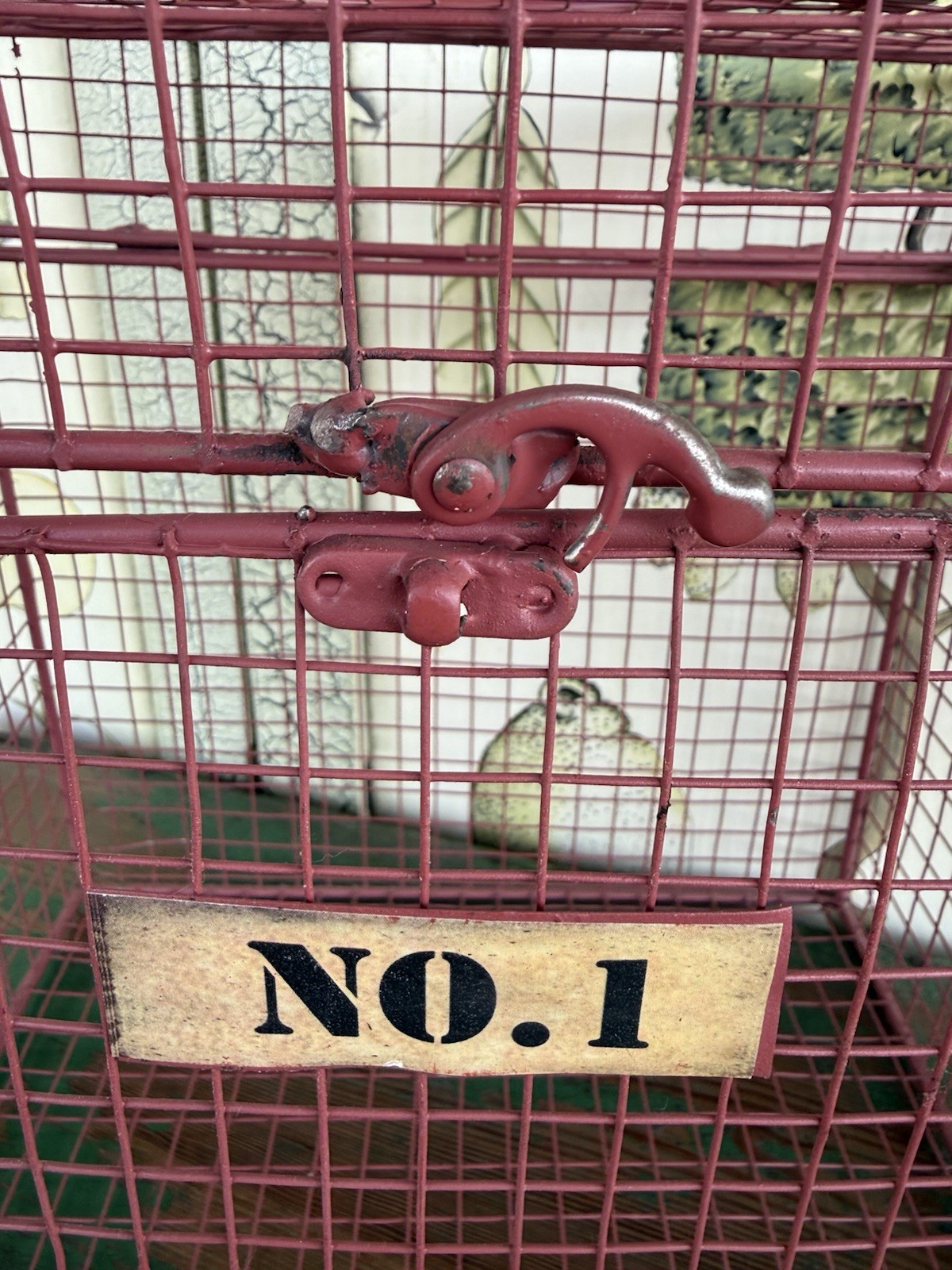 Vintage Pink Metal Wire Cage Crate Industrial Storage Display Box w Number Tags