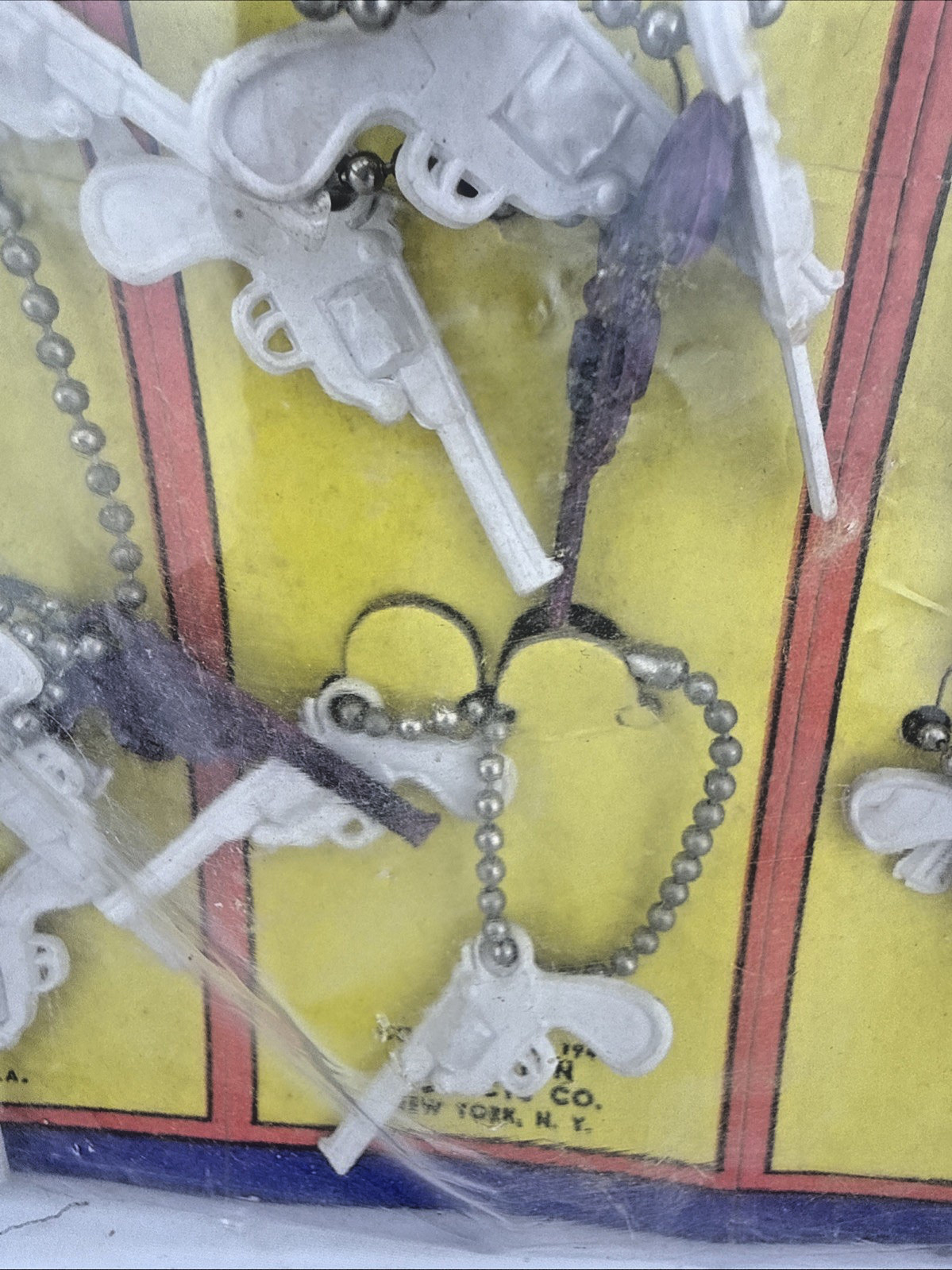 Vtg Lucky Charm Key Chain Plastic White Brown Pistol Guns Original Display of 24