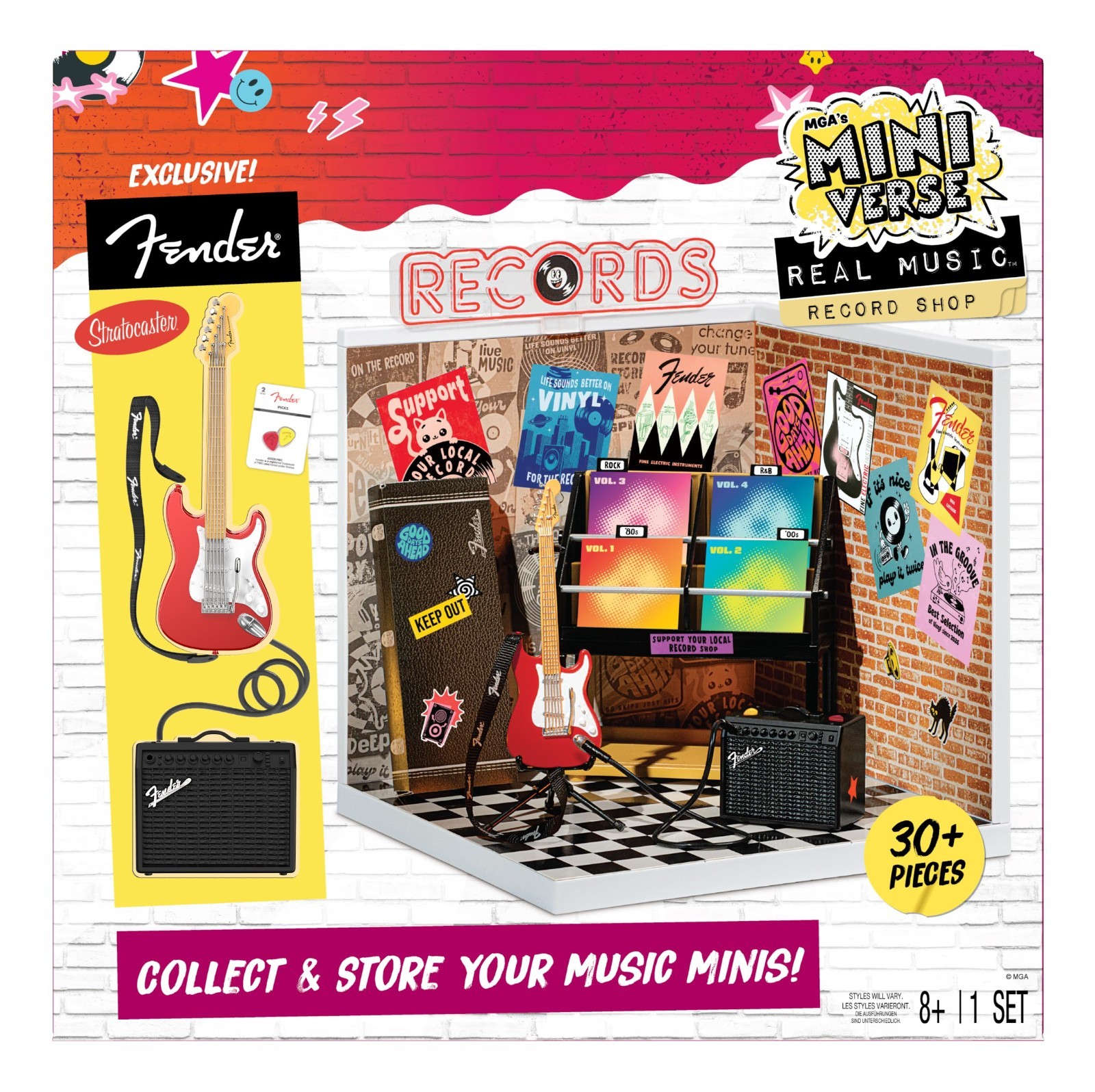 Mini Music Record Shop Display Set, Fender Guitar & Accessories, Customizable Sc