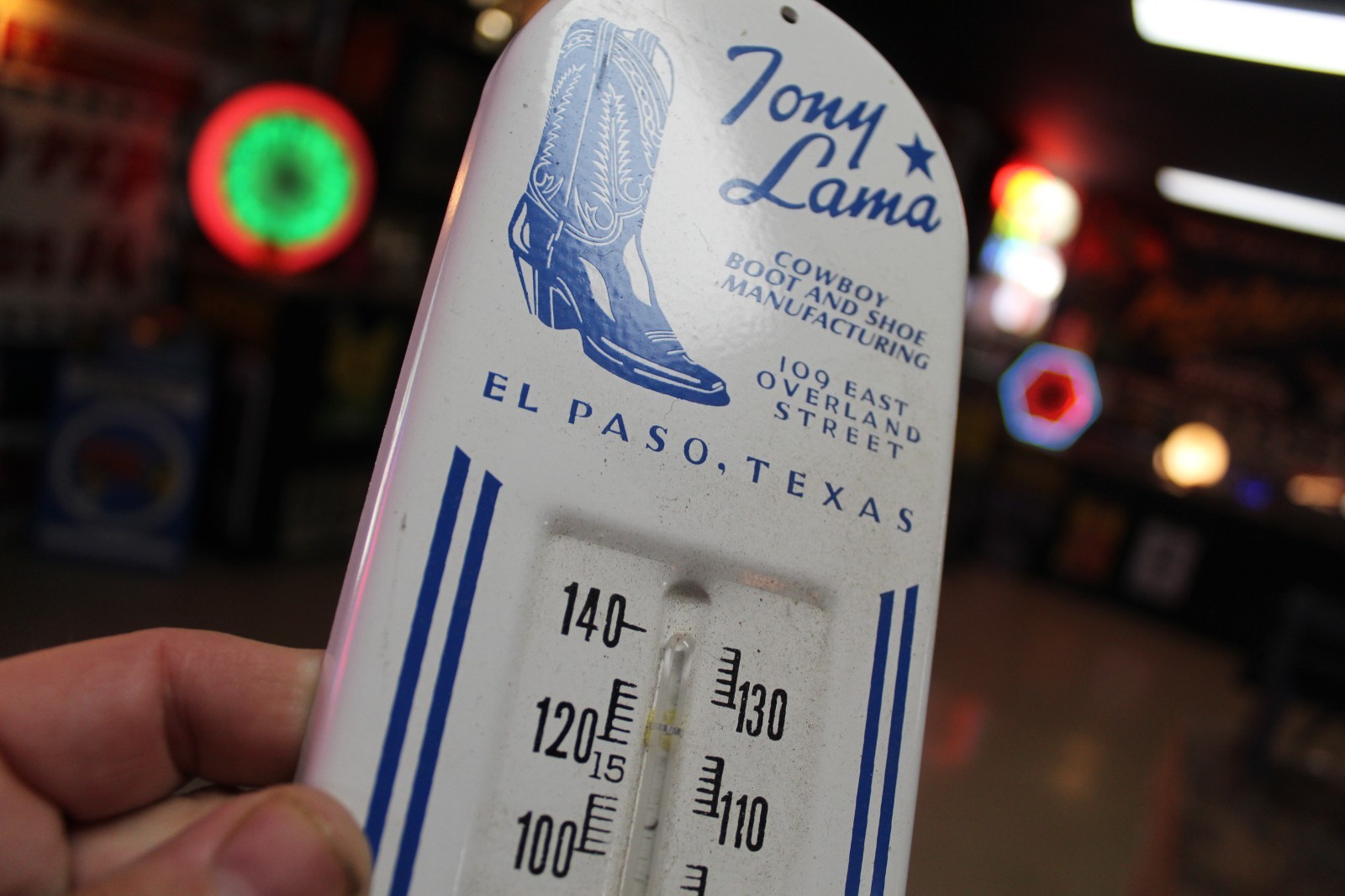 RARE 1950s TONY LAMA BOOTS TEXAS DEALER METAL THERMOMETER SIGN EL PASO COWBOY