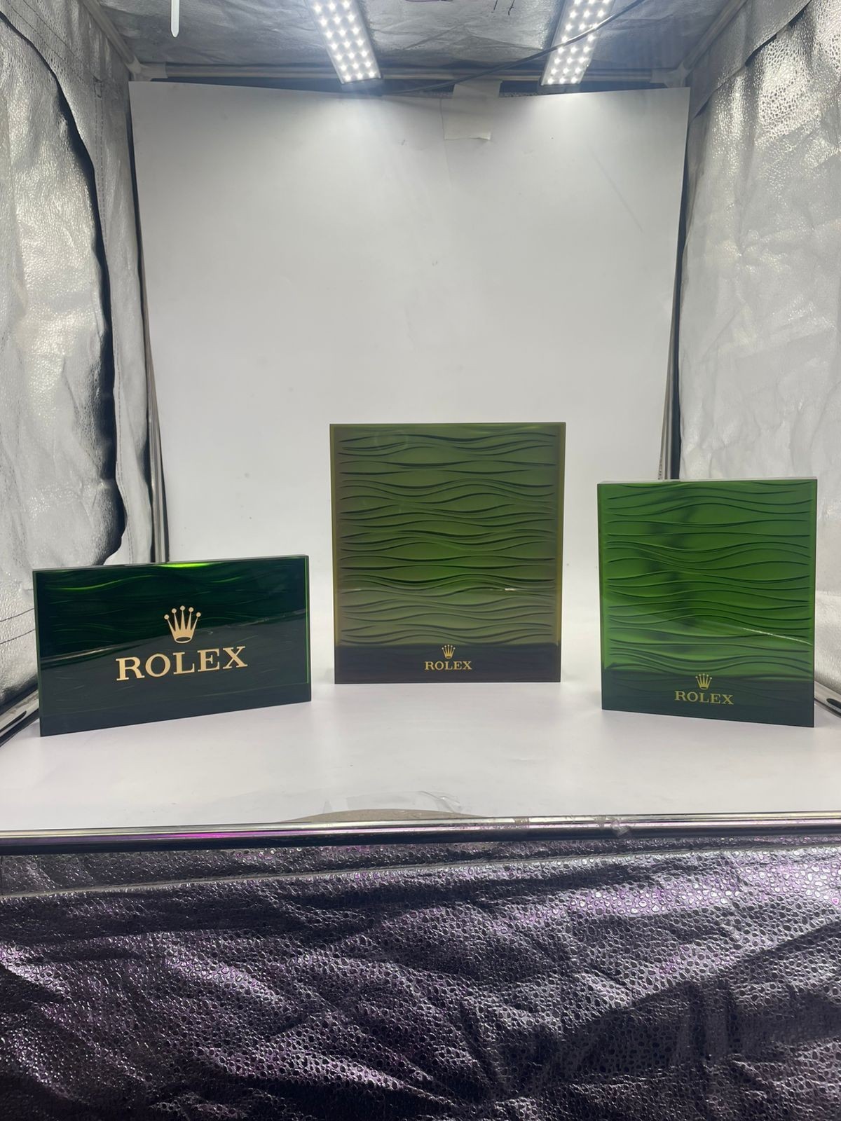 Rolex Store Acrylic Green Waves Displays 3pc Set