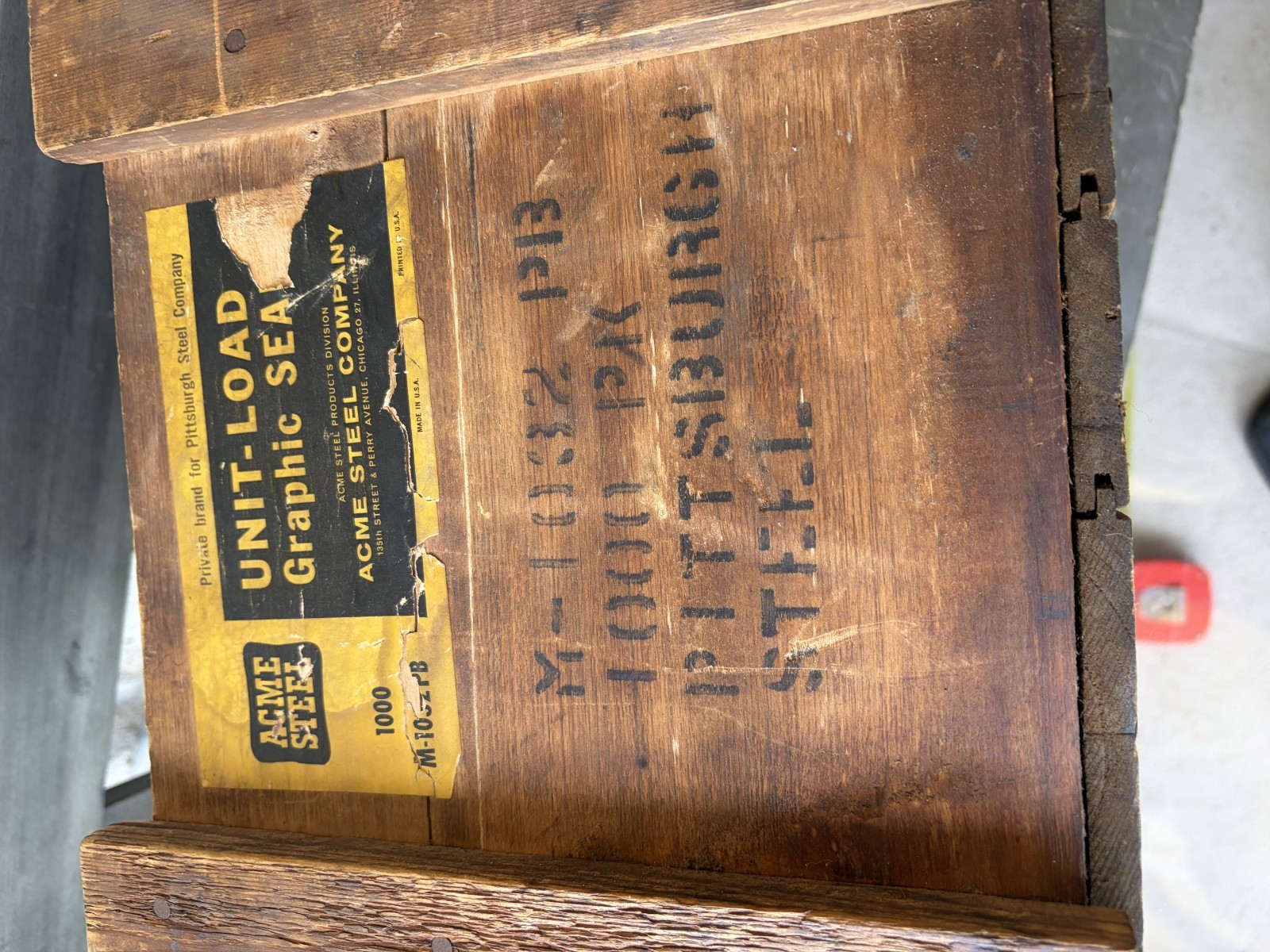 Vintage Acme Steel Pittsburgh Steel Wood Crate Chicago IL Industrial Box Label