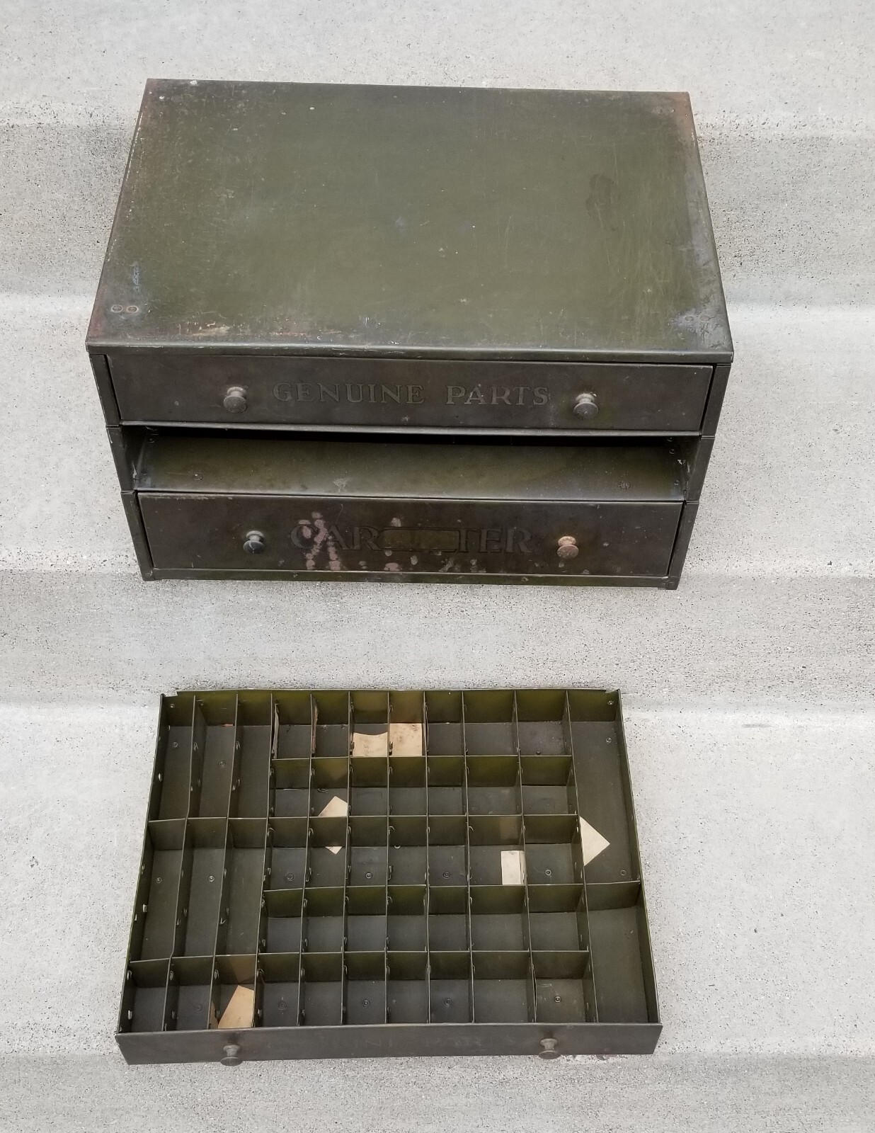 Vintage Carter Carburetor Genuine Parts Bin Cabinet Automobile Front & Back ADV!