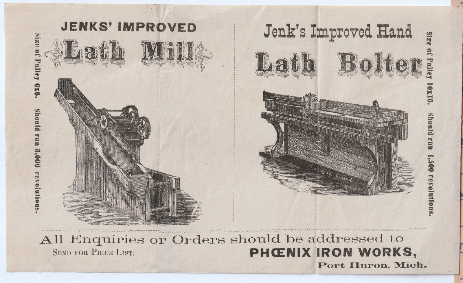 RARE Advertising Flyer / Store Sign- Jenk Lath Mill & Bolter 1870s Port Huron MI