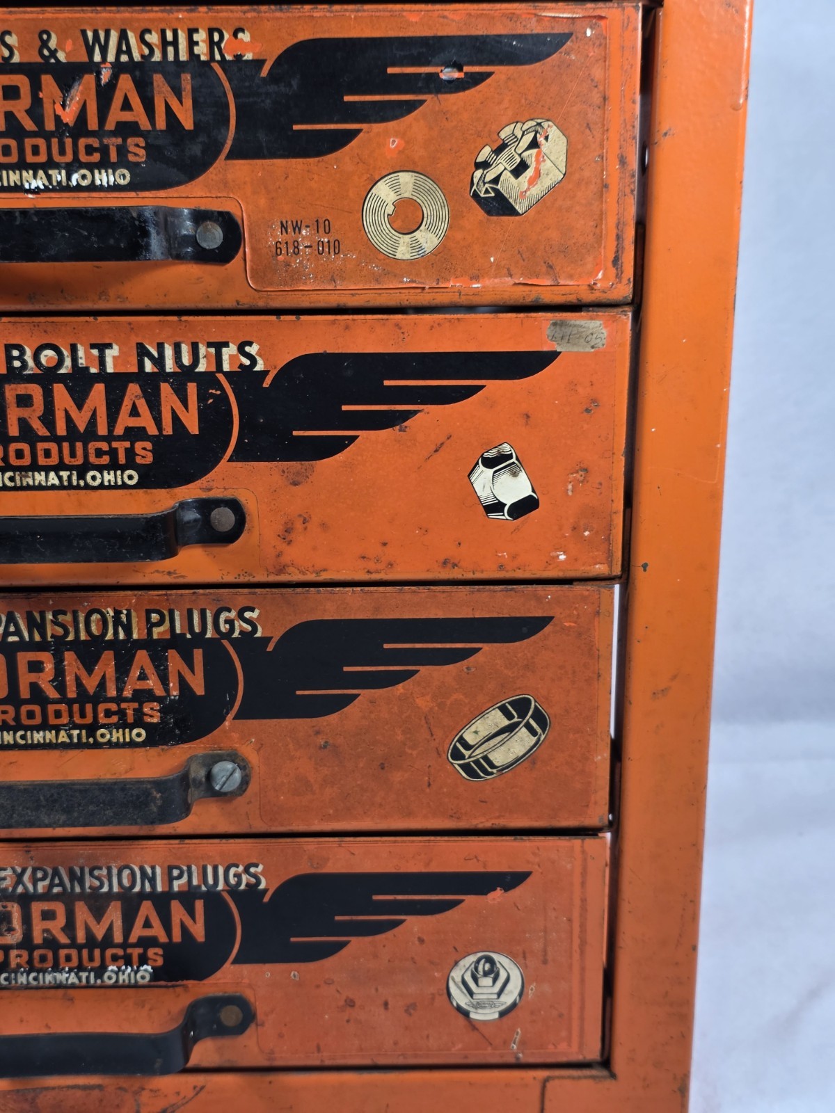 VTG Dorman Auto Parts Bin 4 Drawer Cabinet Counter Orange Tool Organizer
