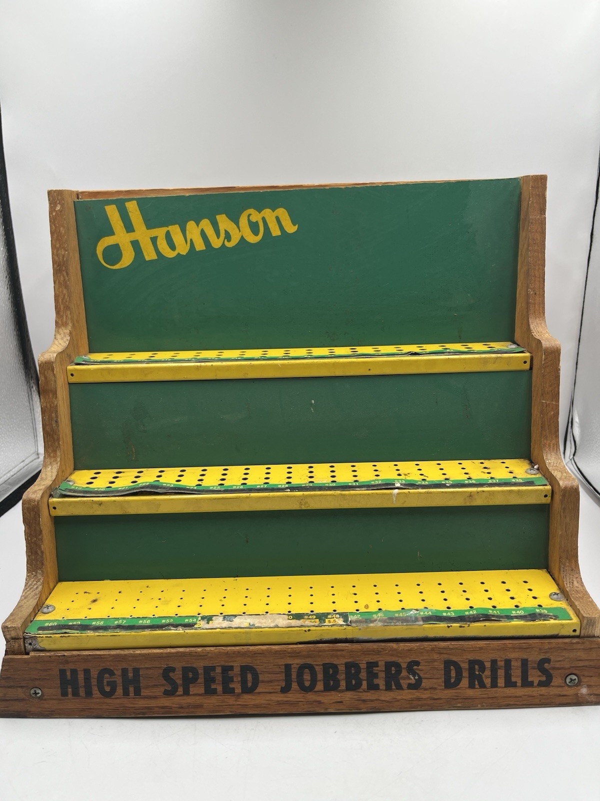 Vintage Oak Wood Hardware Store Display Hanson HIGH SPEED JOBBERS DRILLS SEE