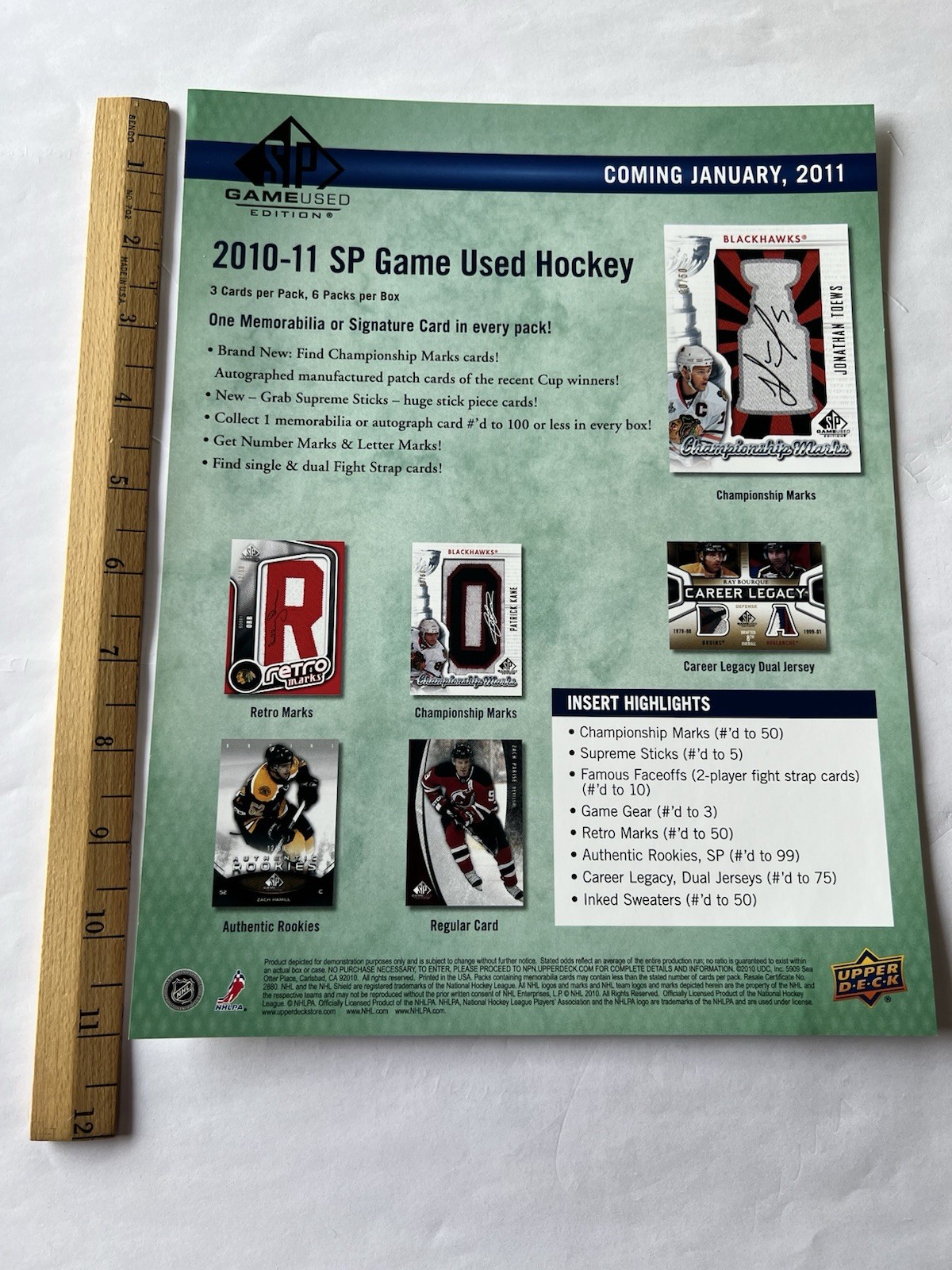 2010-11 UPPER DECK SP GAME USED HOCKEY DEALER ADVERTISING SHEET JONATHAN TOEWS