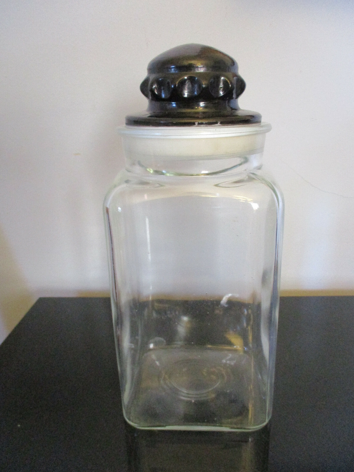 RARE Antique Apothecary General Store Glass Counter Display Candy Jar Black Lid!