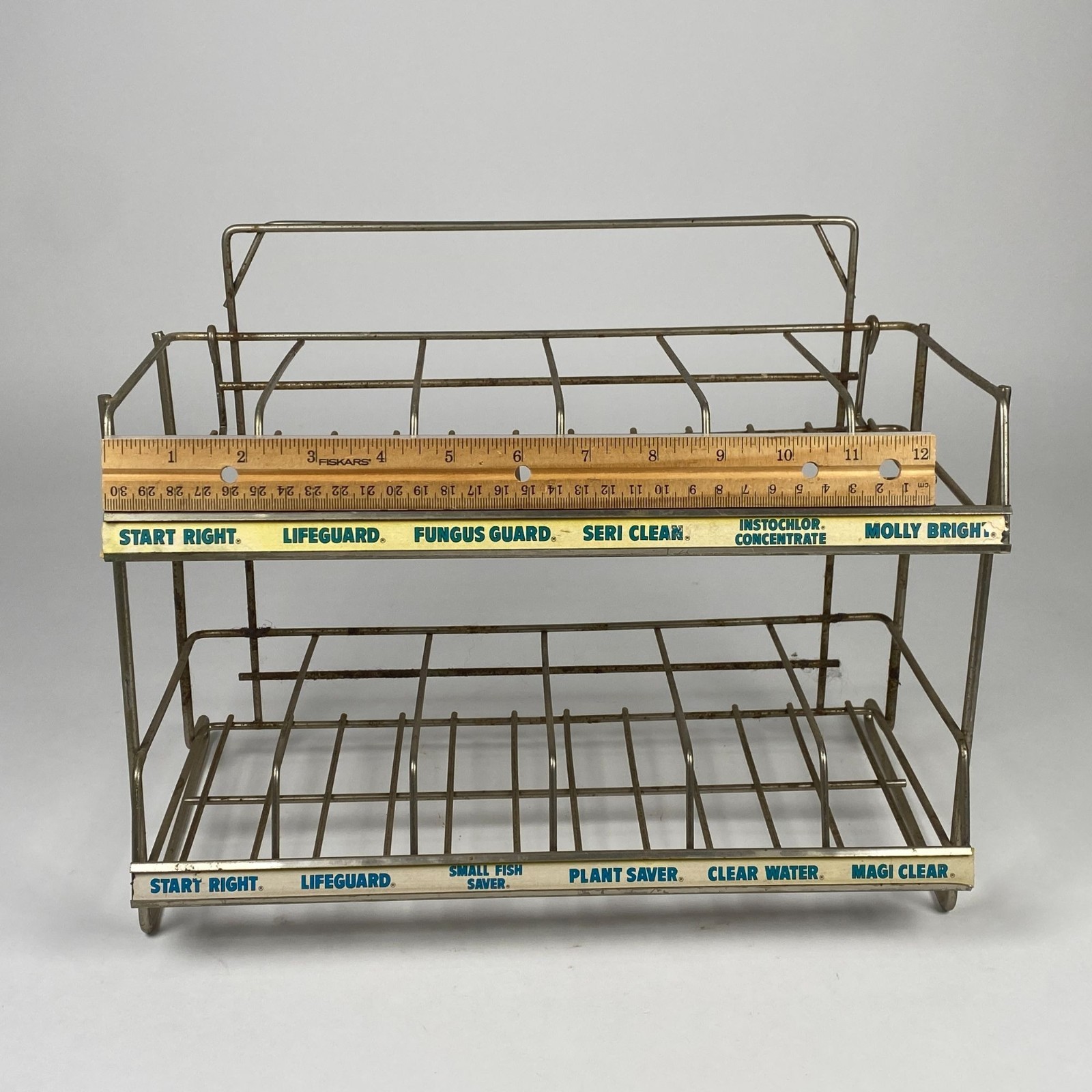 Vintage Two Tiered Wire Metal Display Rack Product Labels General Store