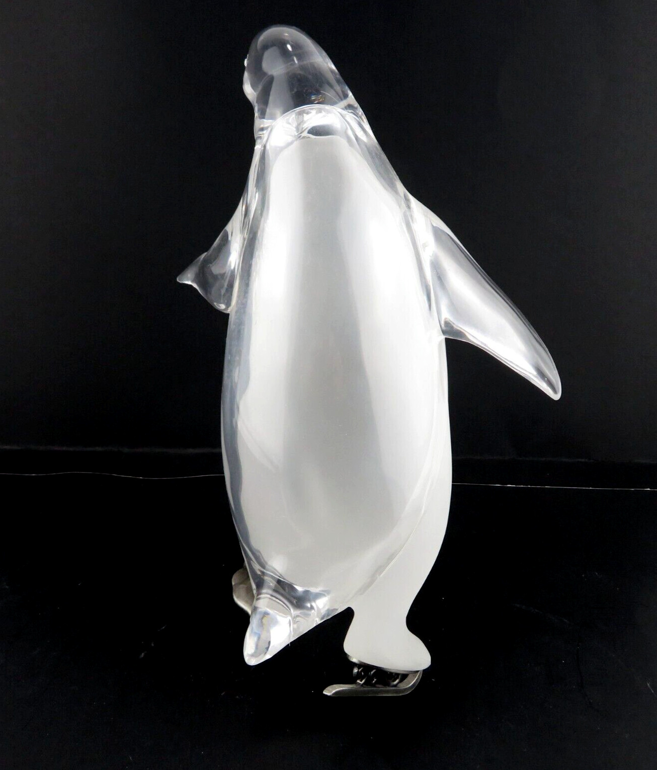 Lucite Penguin On Ice Skates MCM Clear & Frosted 8.5″T – Movie TV Prop- Vintage