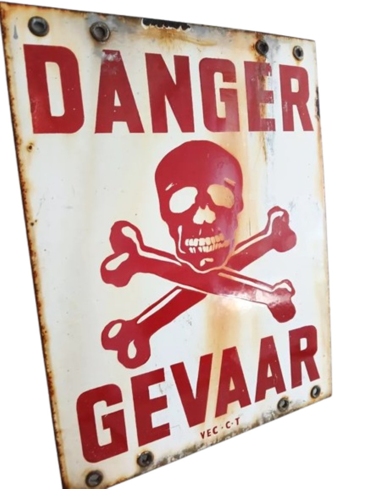 ENGLISH SIGN DANGER DANGER SIGN metal and porcelain enameled 1950s with skull