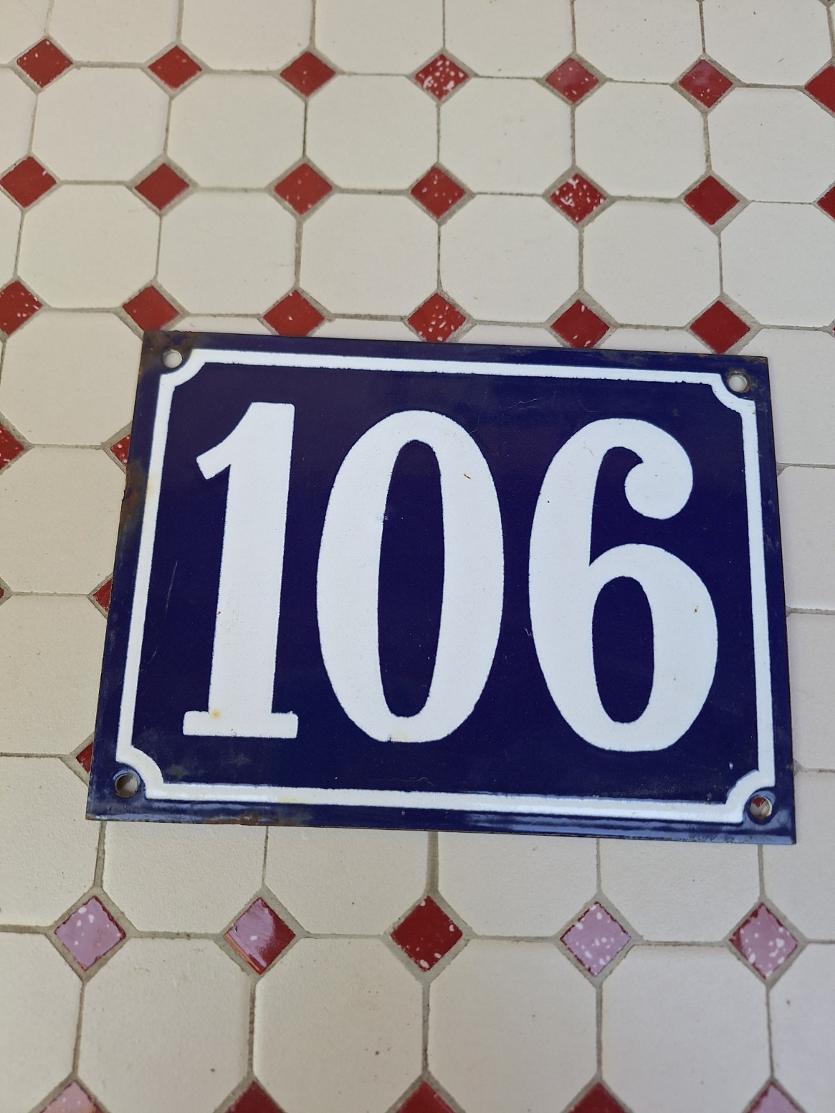 Large Antique Enameled Plaque Street Number 106 20X15cm Navy Blue Enamel