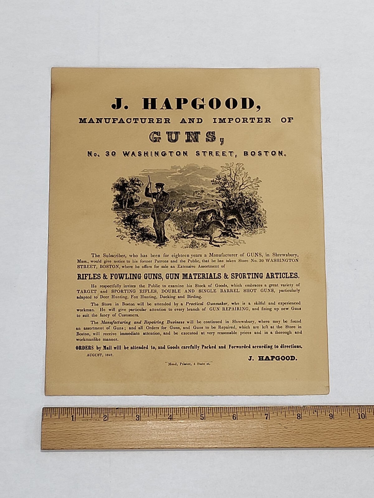 Vintage RARE 1847 J.HAPGOOD GUN STORE POSTER BOSTON 9×11