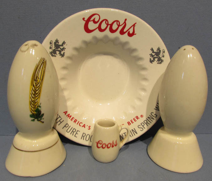 LOT OF OLD COORS ASHTRAY+ SALT & PEPPER + MINI MUG, **ON SALE** ALL COORS AD444