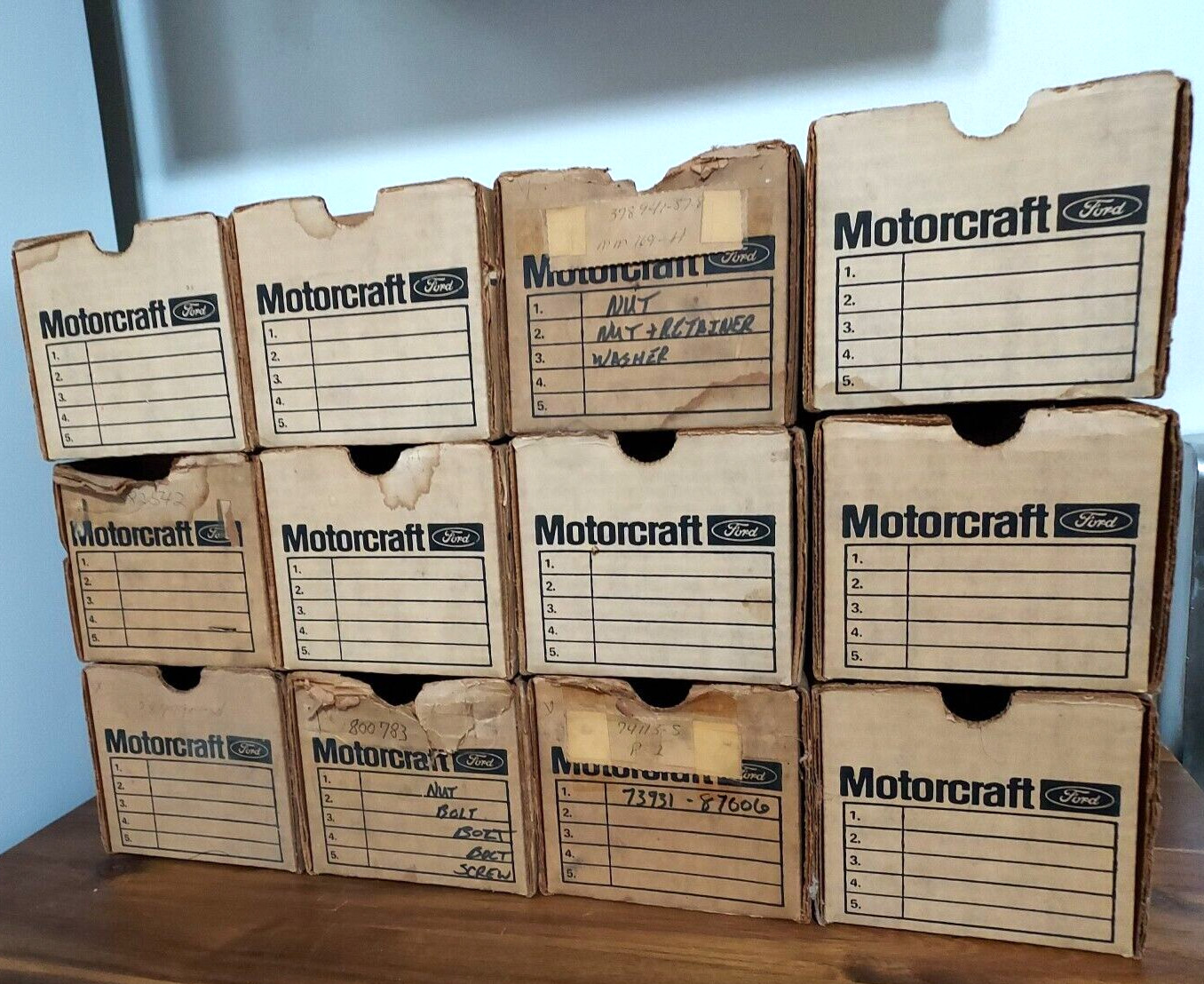 12 VINTAGE MOTORCRAFT AUTOMOTIVE PARTS CARDBOARD STORAGE DISPLAY BINS 11x5x4″