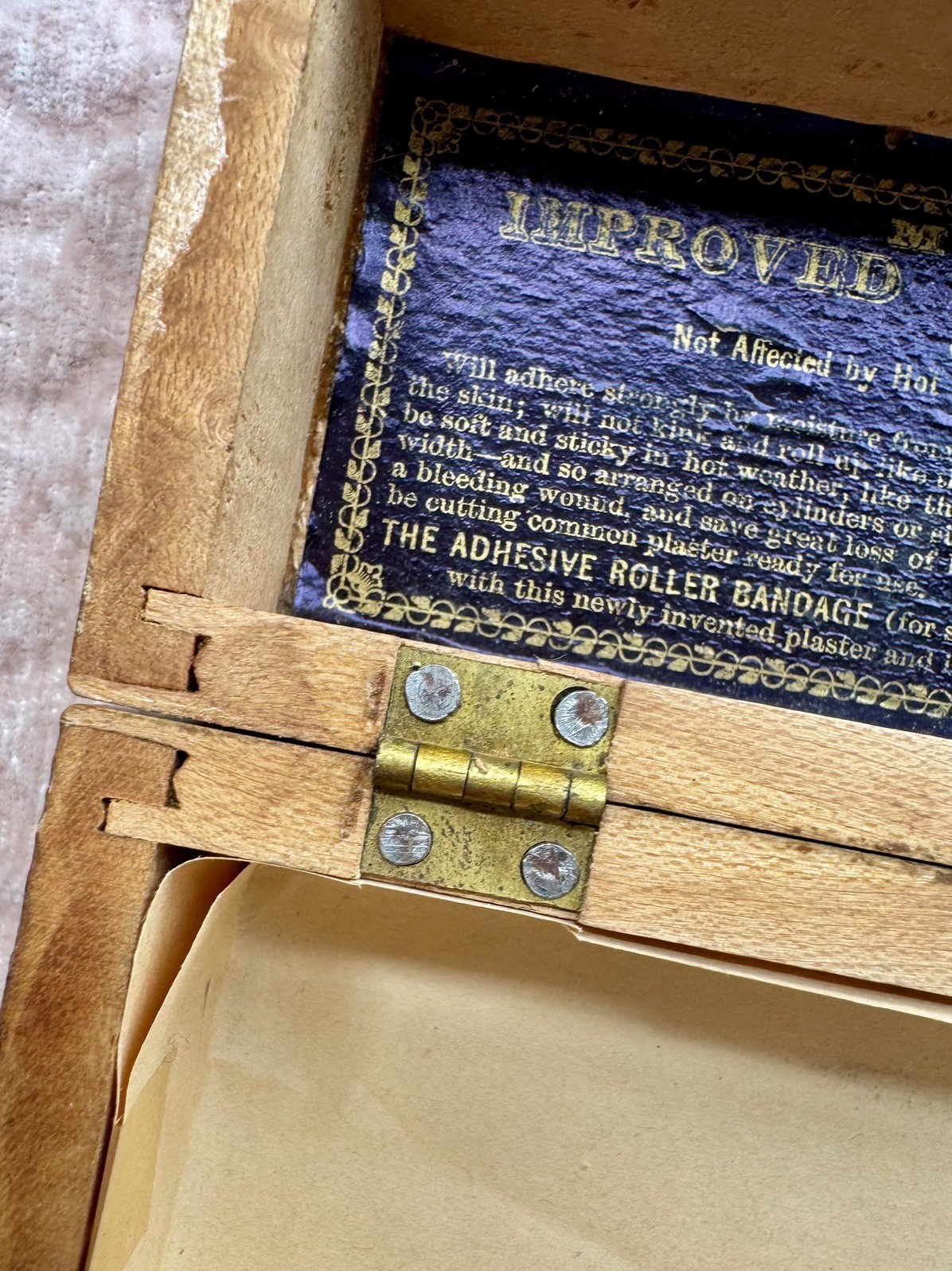 Mitchell’s Improved Adhesive Plaster Bird’s Eye Maple Wood Advert Box, Inscribed