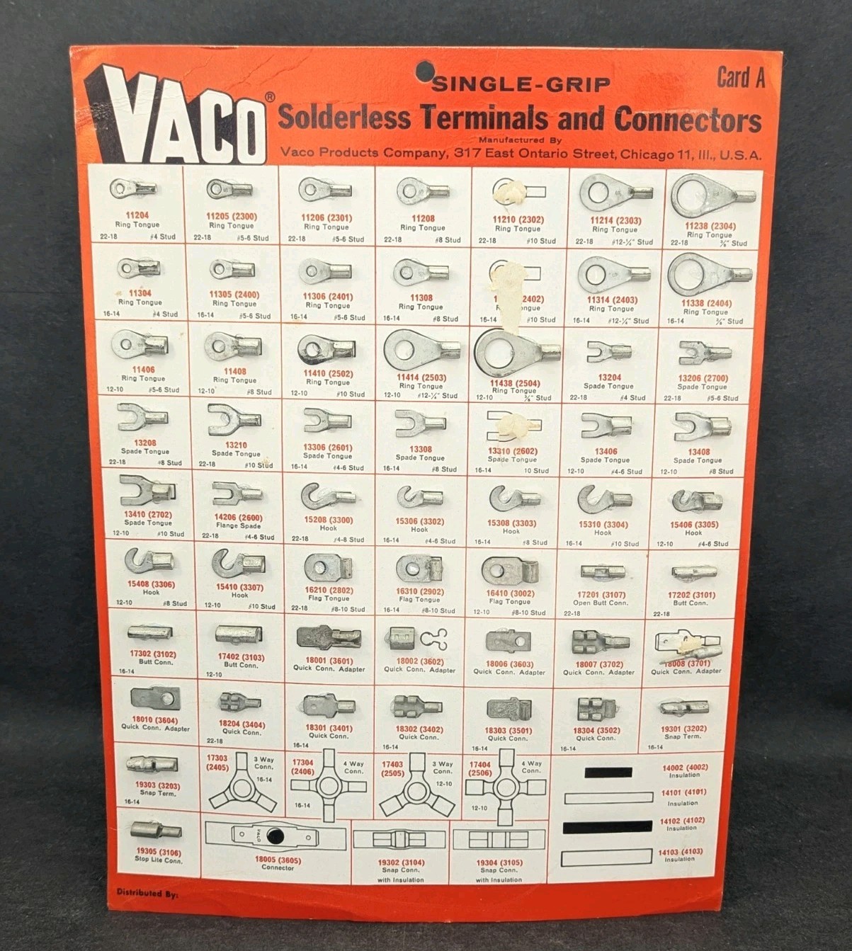 Vaco Solderless Terminals Vtg 1960’s Hardware Store Display Chart Card Chicaco