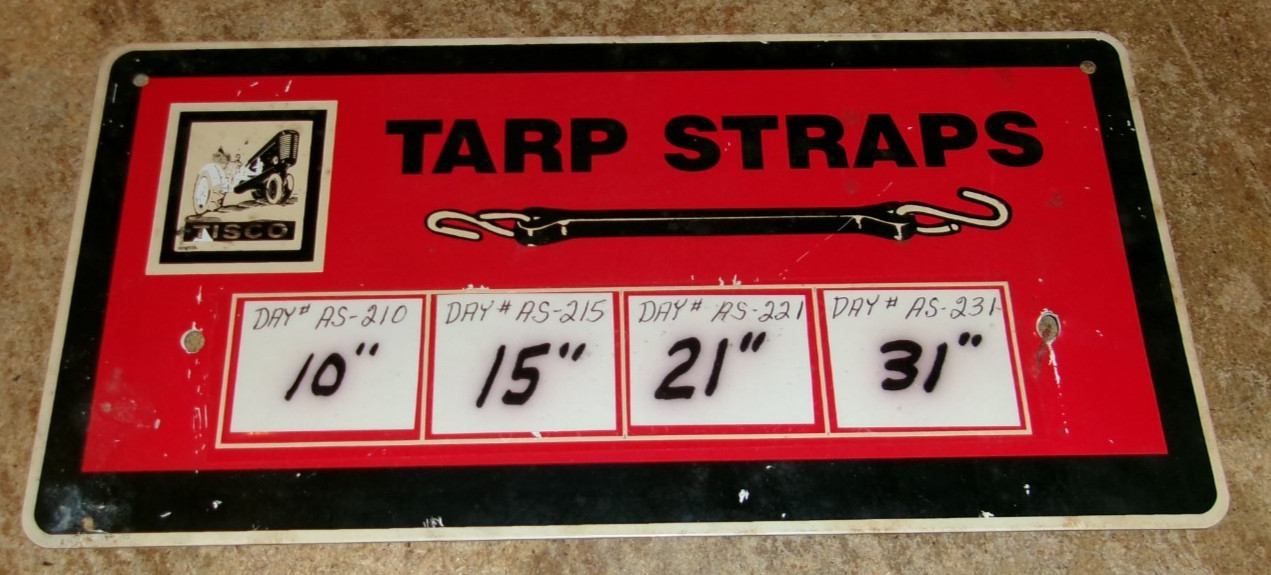 vintage 12″L x 6″W aluminum Tisco farm store tarp straps display sign good used