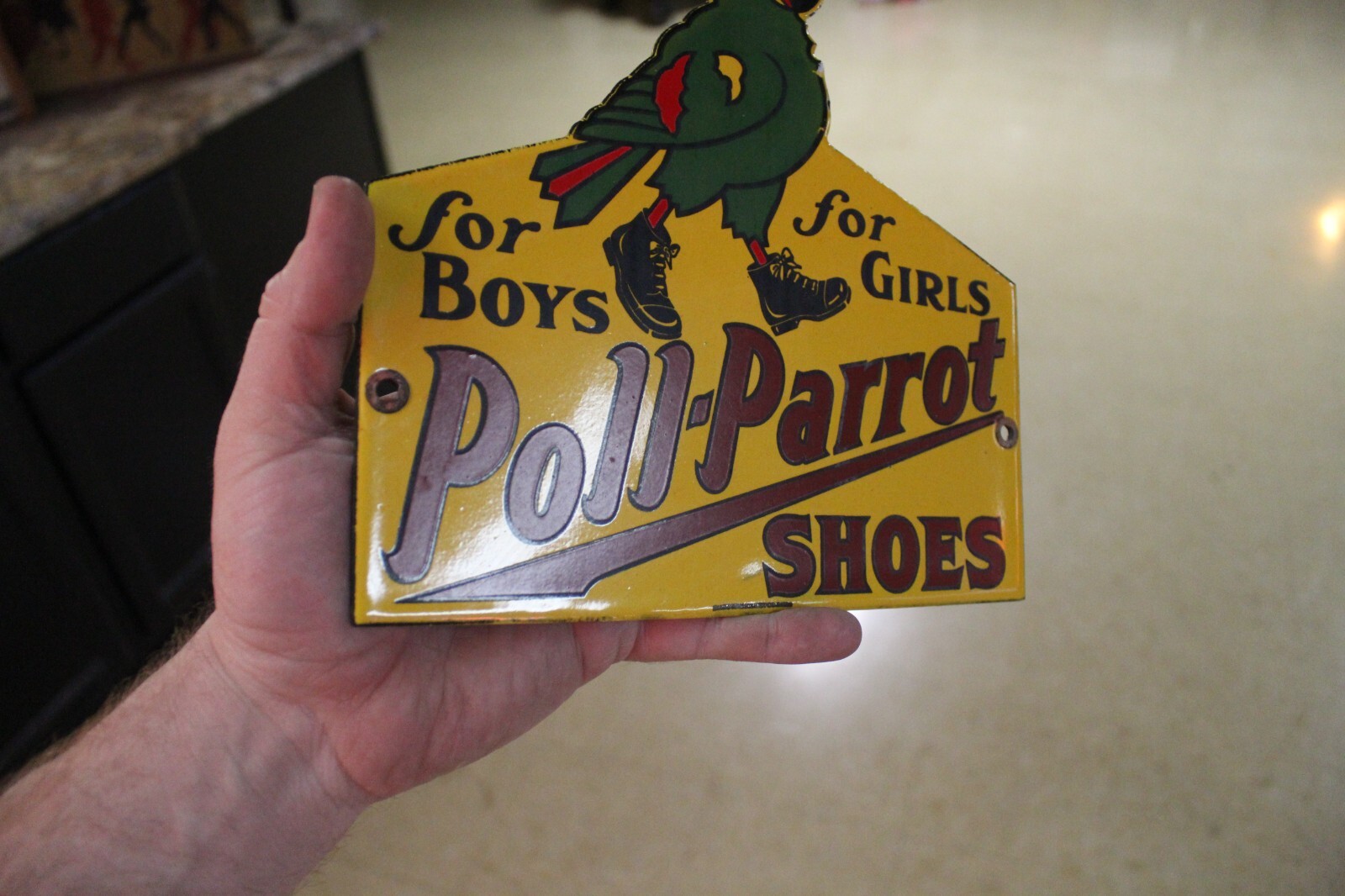 RARE POLL PARROT SHOES DEALER PORCELAIN METAL SIGN BOYS AND GIRLS BIRD ZOO GAS