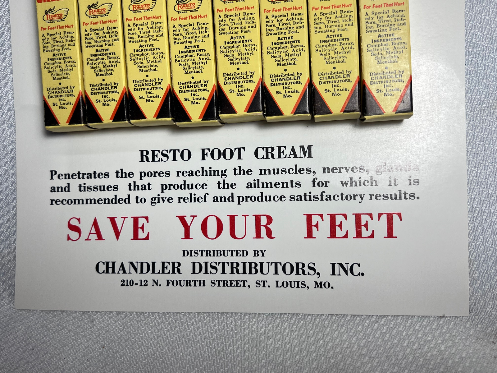 Vtg Resto Foot Cream 8 Empty Packs On Display Point Of Sale Board Chandler Dist.
