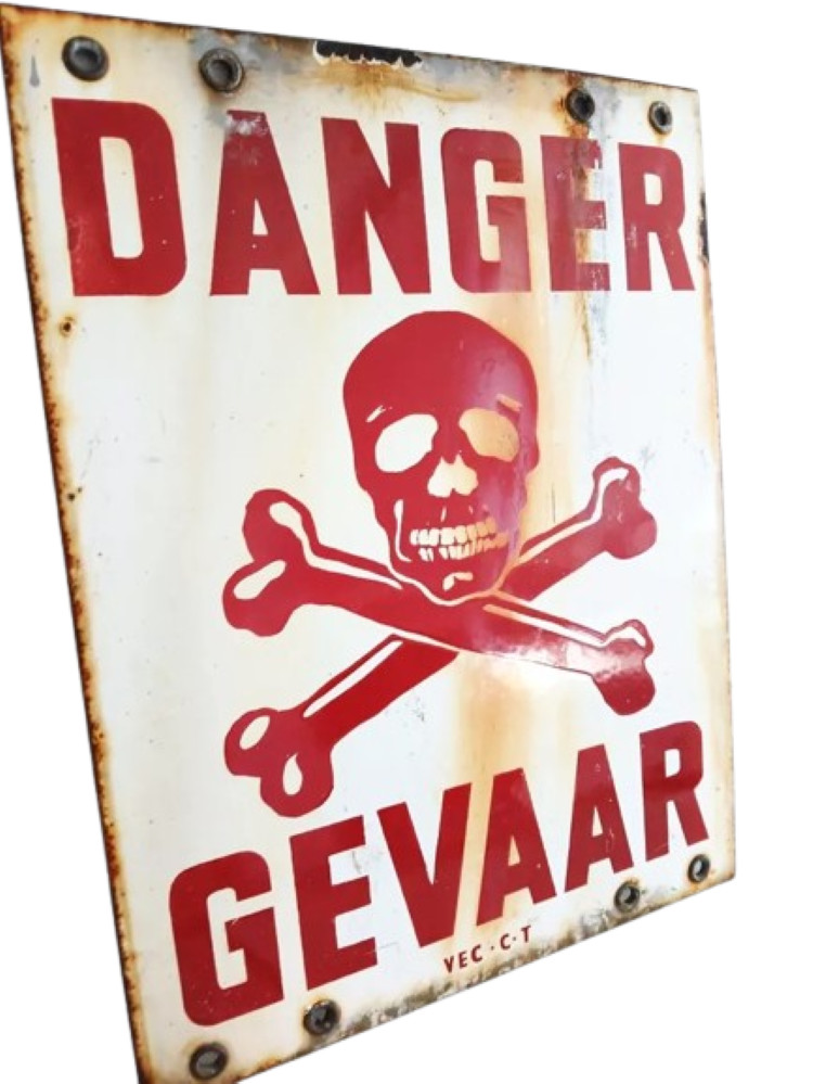 ENGLISH SIGN DANGER DANGER SIGN metal and porcelain enameled 1950s with skull