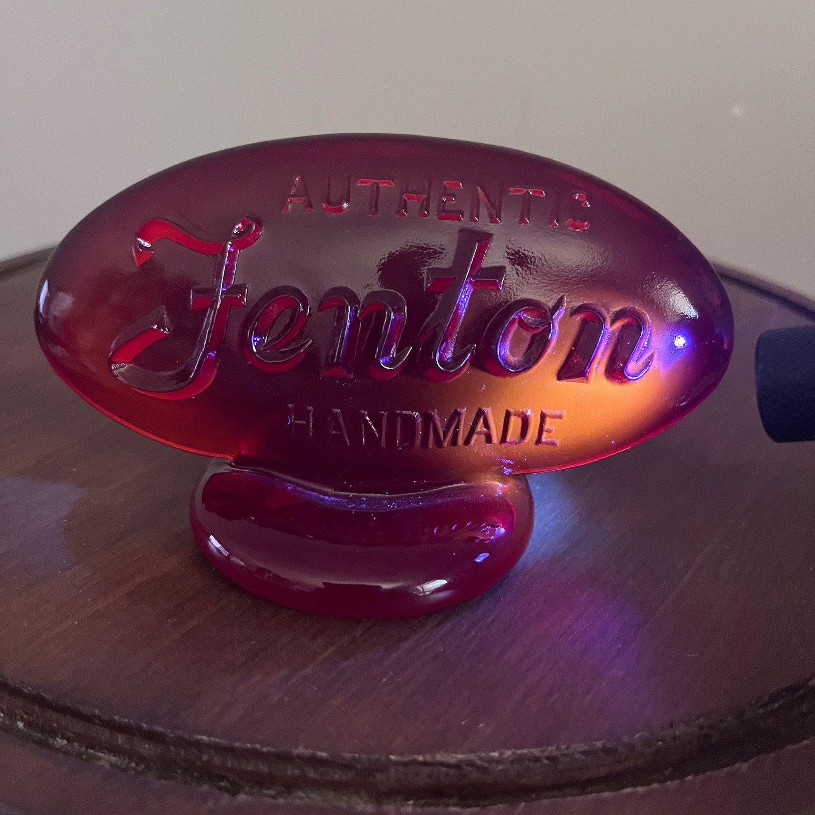 Vtg Fenton Glass Dealer Sign Red Amberina Cadmium Glow Logo Plaque 4″ Display