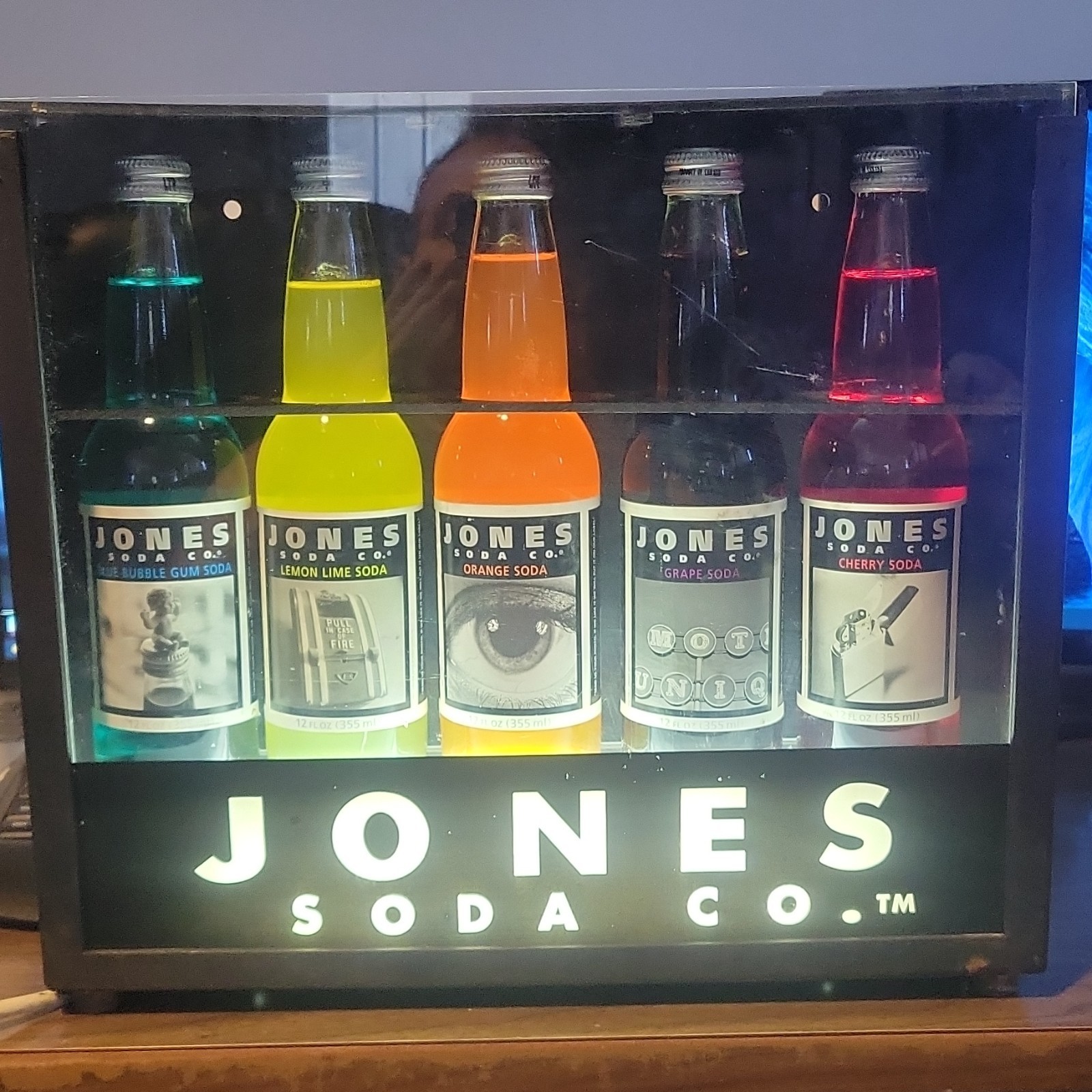 Jones Soda Co. Lighted Black 5 Bottle Store Display Case Advertising Display