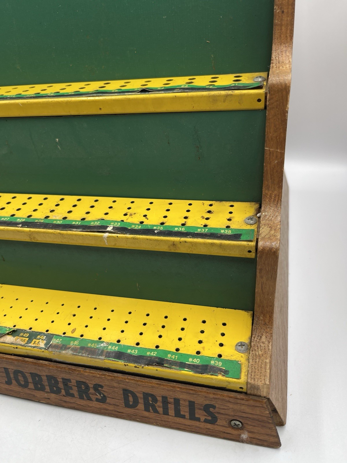 Vintage Oak Wood Hardware Store Display Hanson HIGH SPEED JOBBERS DRILLS SEE