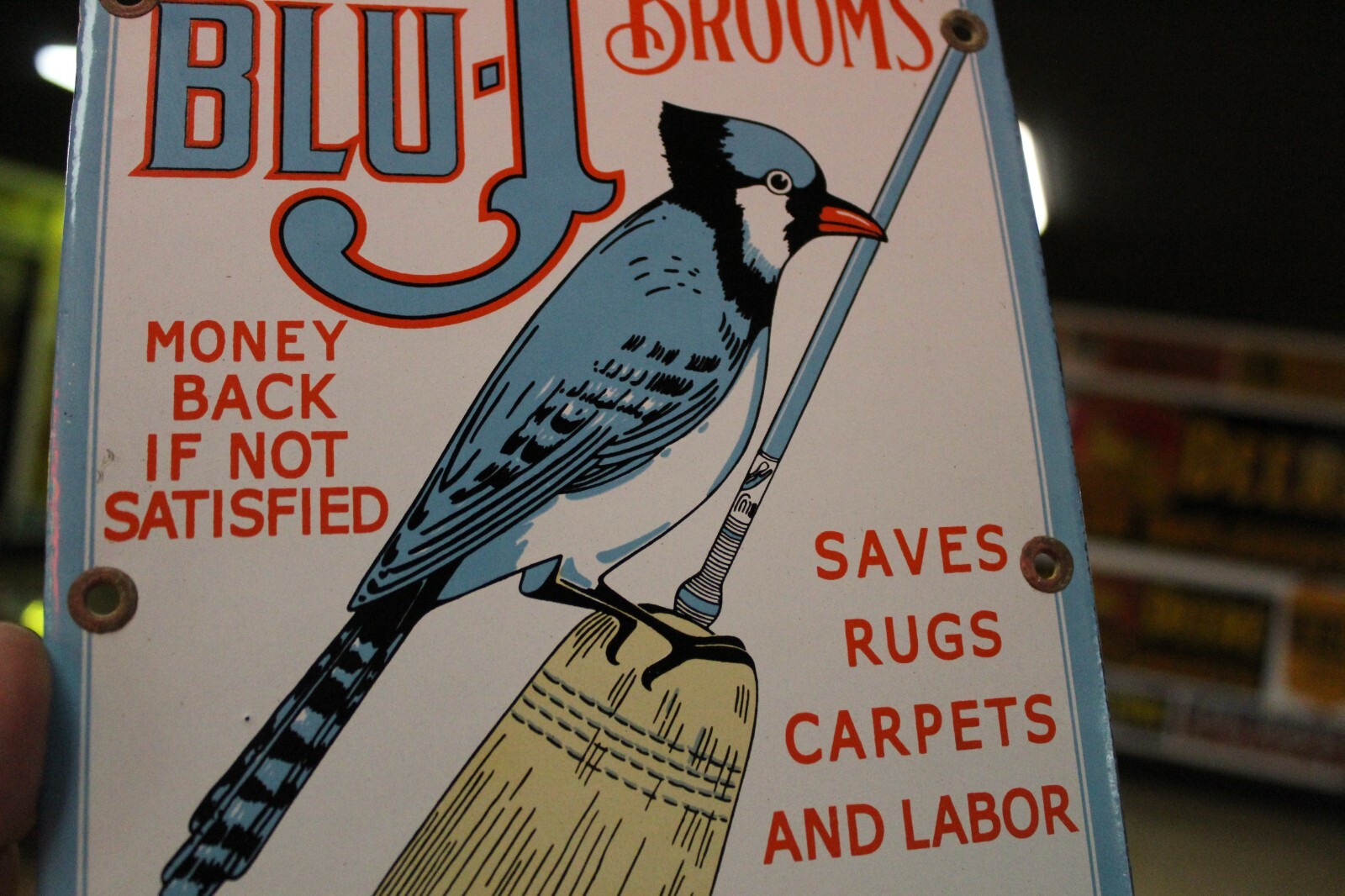 RARE MERKLE BLU-J BROOM DEALER PORCELAIN METAL SIGN BIRD CLEANING HARDWARE STORE