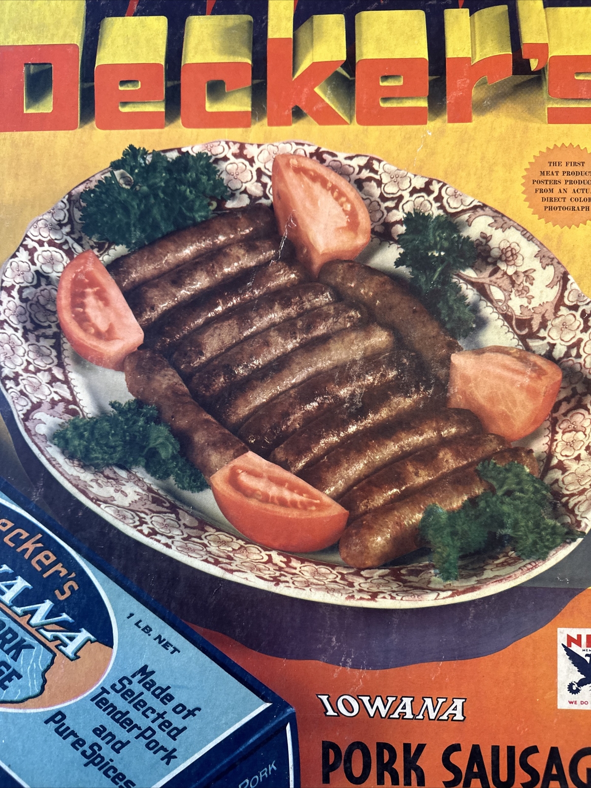 Vintage Decker’s Iowana Pork Sausage Sign NRA Rare Antique Store Display Sign