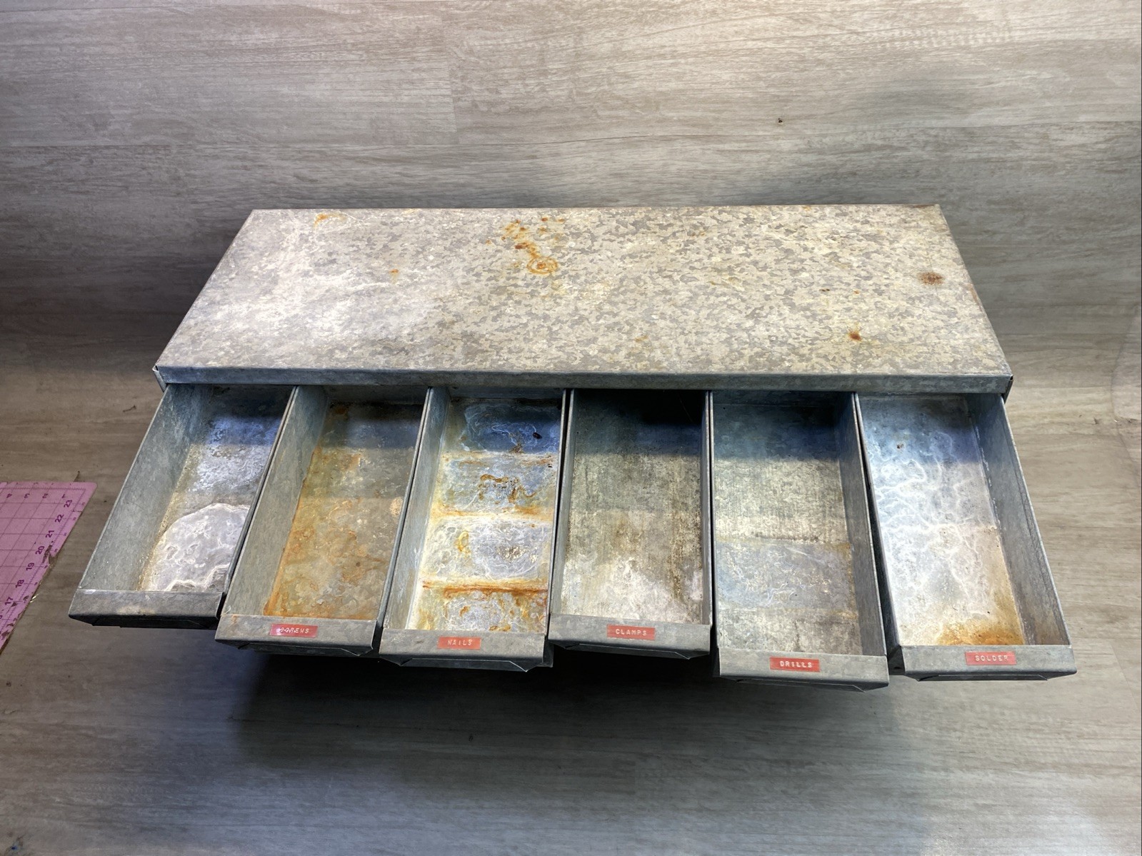 VTG General Store Galvanized Tin Metal PARTS CABINET 17 DRAWER Industrial PATINA