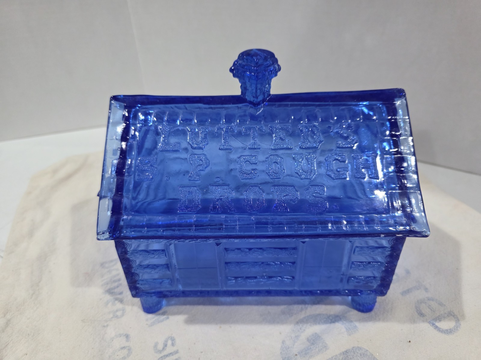 Vintage Cobalt Blue Lutted’s Log Cabin Cough Drop Candy Dish – Beautiful