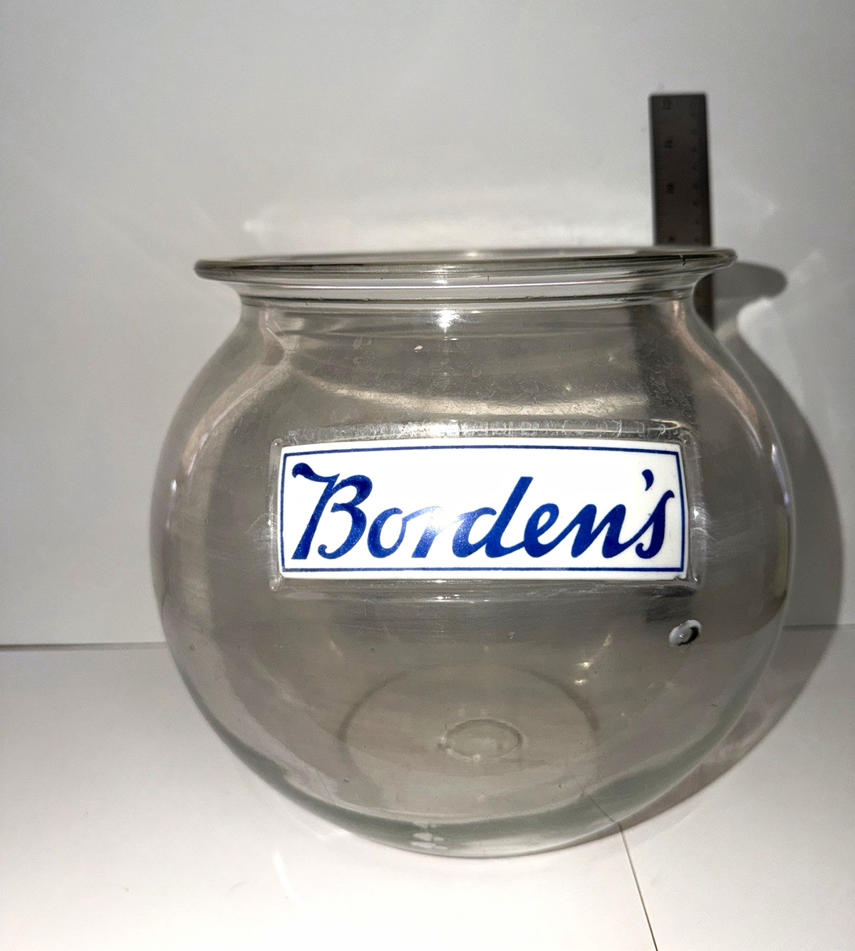 Borden’s Clear Glass Advertising Store Display Jar Bowl Container: Circa 1890s