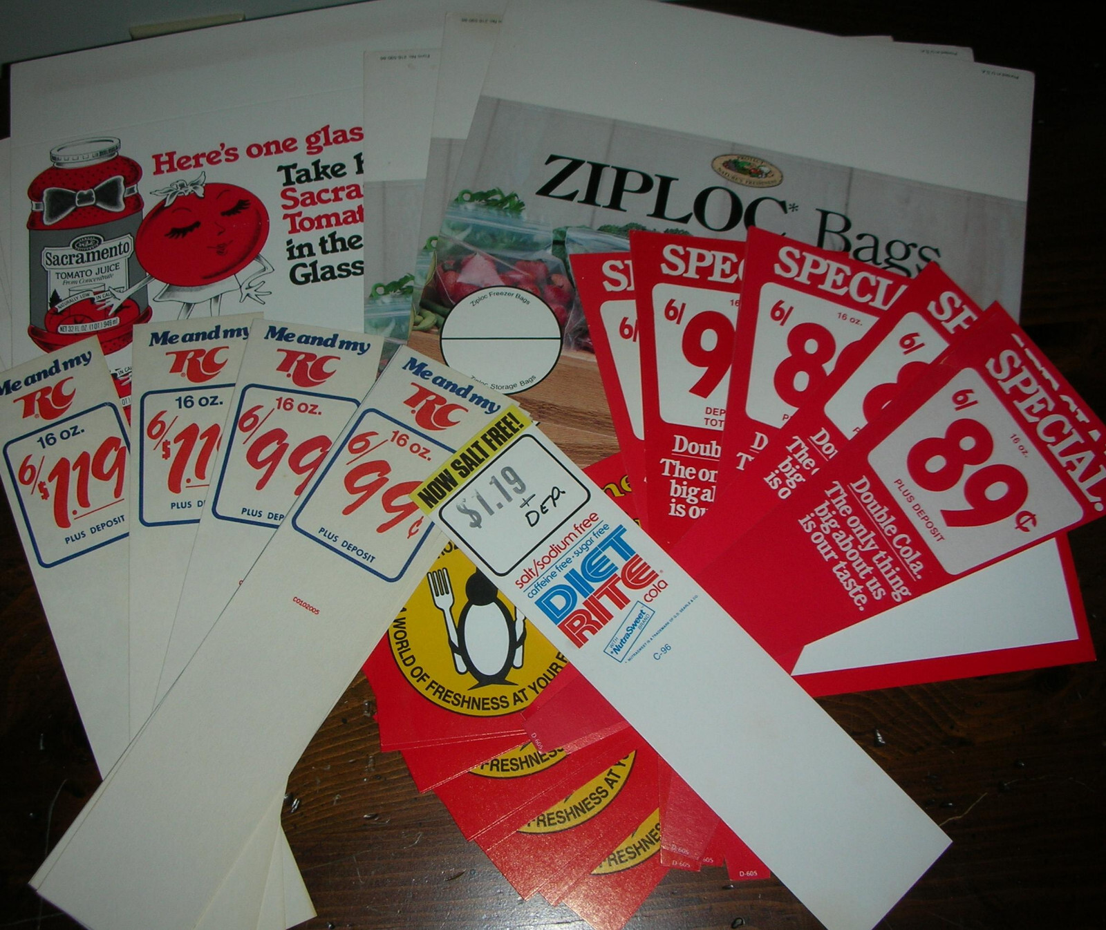 LOT Vtg GROCERY STORE PRICE DISPLAYS Double Cola Diet Rite RC Ziploc Sacramento
