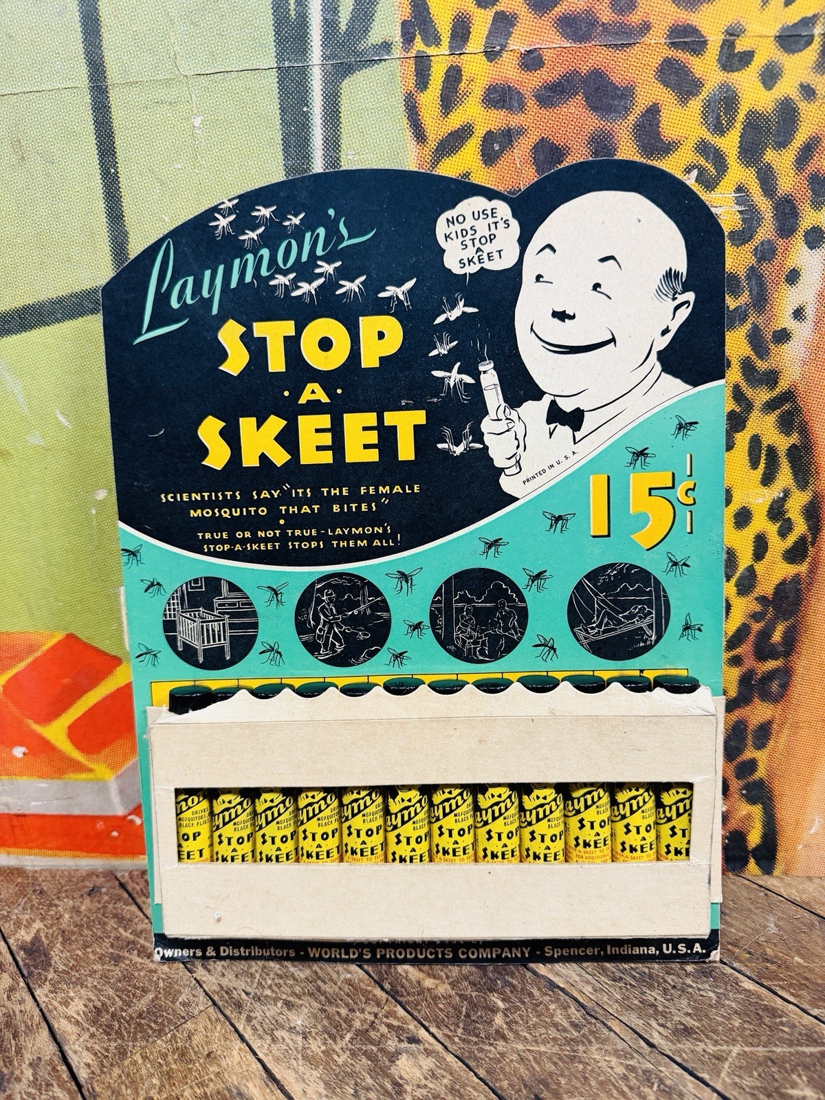 VINTAGE C. 1930 LAYMONS STOP A SKEET STORE DISPLAY SIGN MOSQUITOS GENERAL STORE