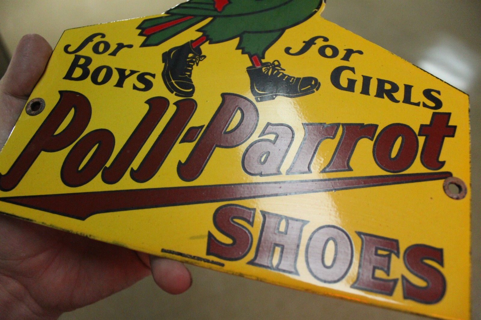 RARE POLL PARROT SHOES DEALER PORCELAIN METAL SIGN BOYS AND GIRLS BIRD ZOO GAS