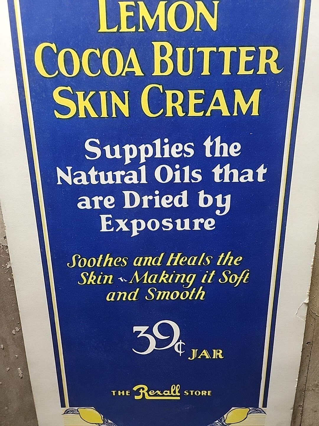 VtgTHE REXALL STORE/LEMON COCOA BUTTER SKIN CREAM Cardboard Store Display Poster