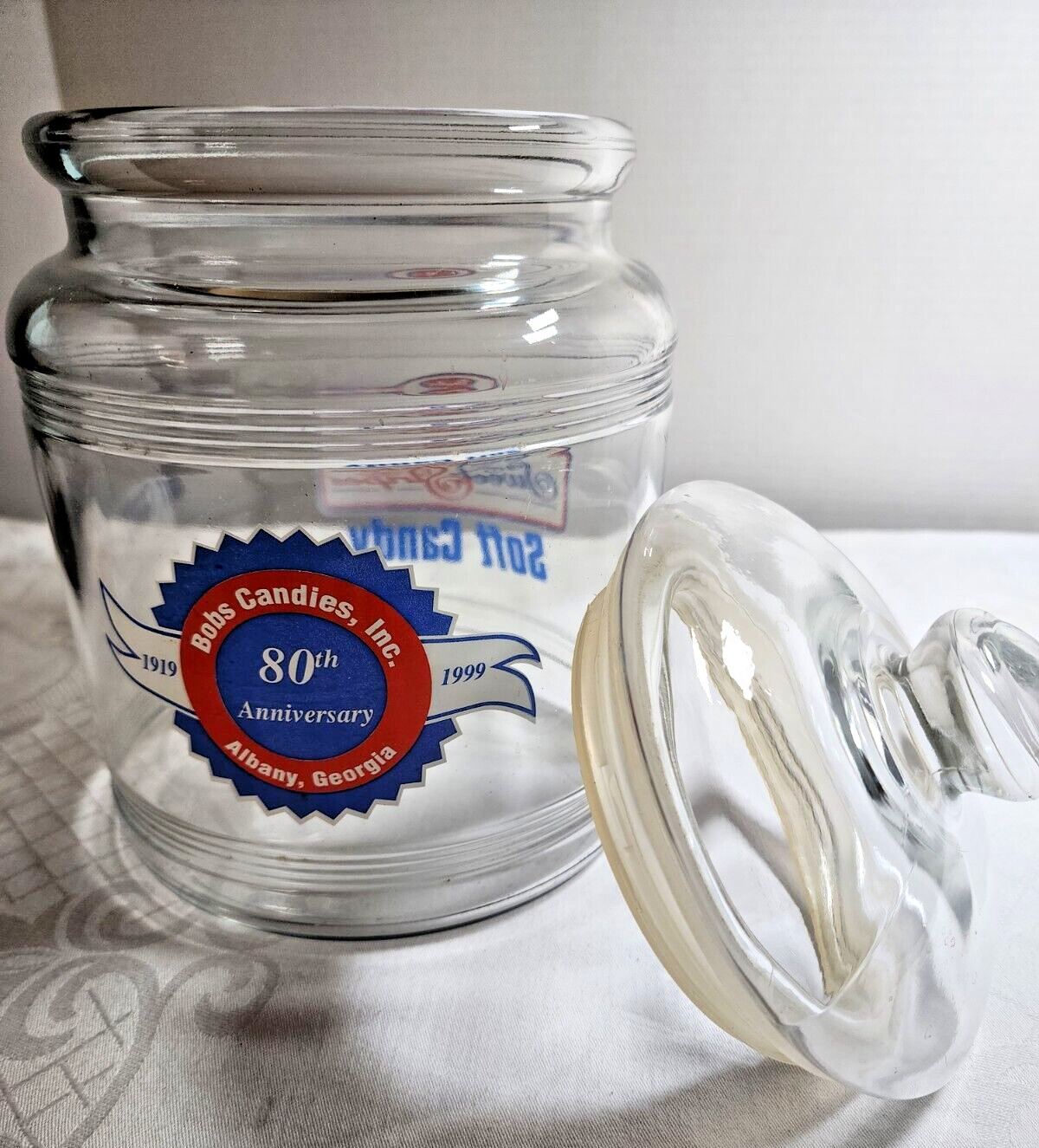 Large Glass BOBS SWEET STRIPES SOFT CANDY 80th Anniversary Retail Jar w/Lid