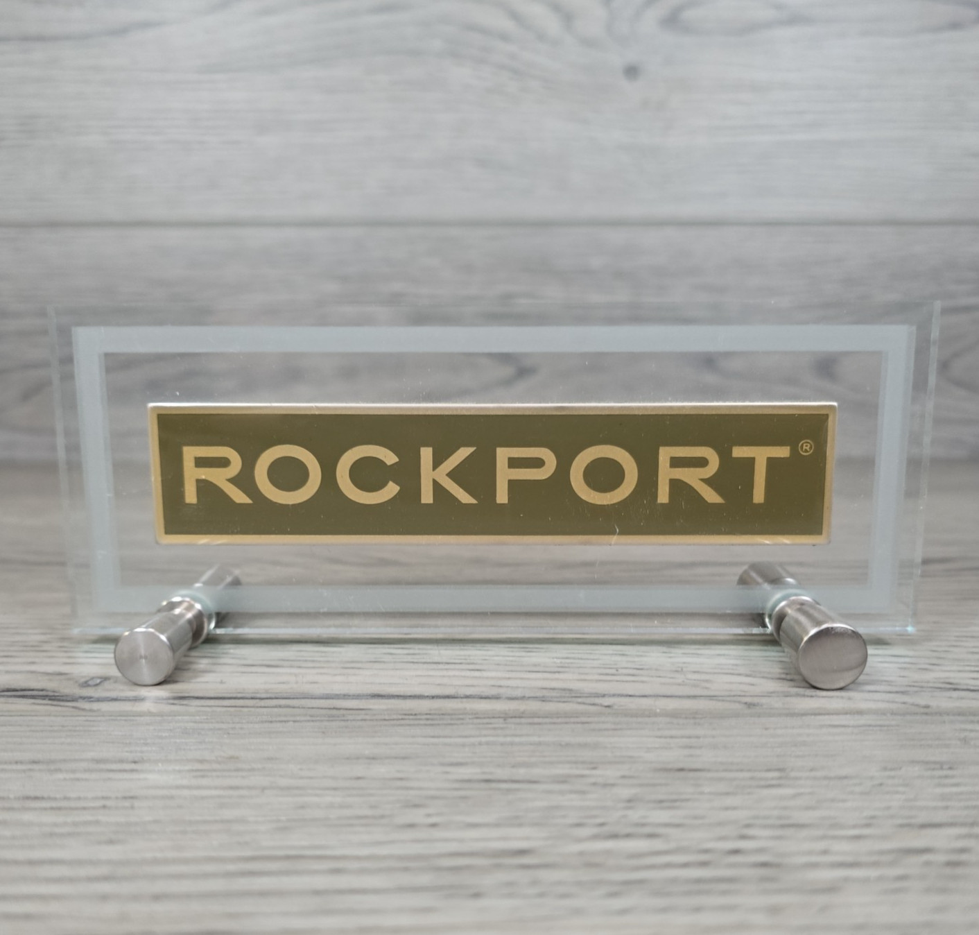 Vintage Rockport Shoes Counter Display Sign Glass Plaque Metal Base Retail Store