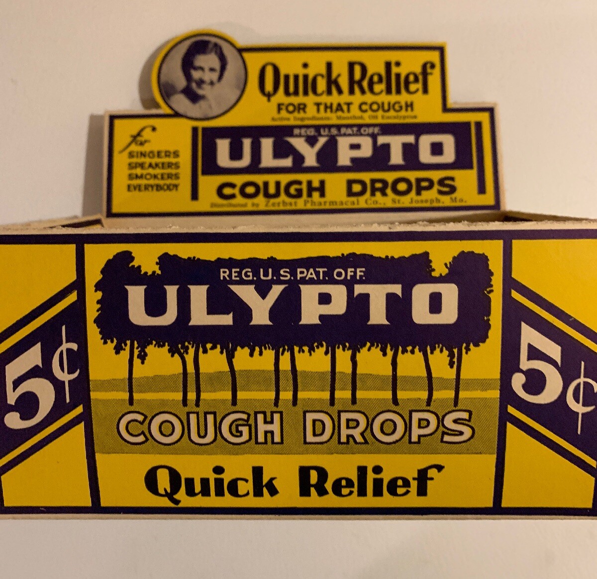 Ulypto Cough Drops Zerbst St Joseph MO Drug Grocery Store Display 1930s NOS New