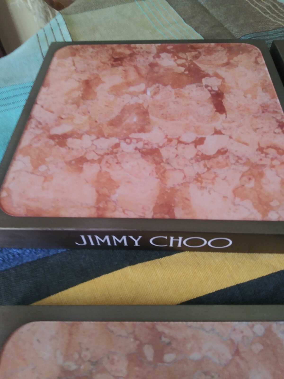 Lot of 3 JIMMY CHOO LOGO Display Stands Metal Trim & Marble Like Plastic Top
