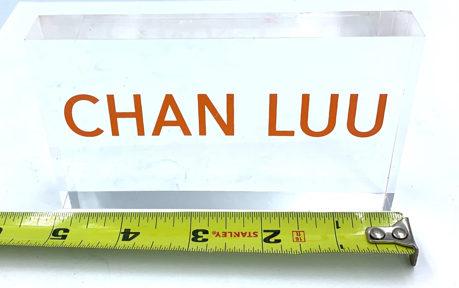 CHAN LUU LOGO SMALL THICK ACRYLIC LUXURY SIGN ORANGE LETTERS 5″ X 3″